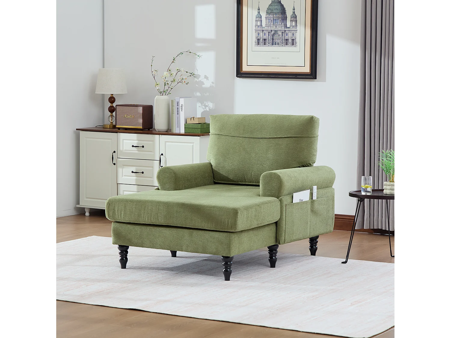 Fauteuil relax en tissu chenille vert olive - Avec poches latérales