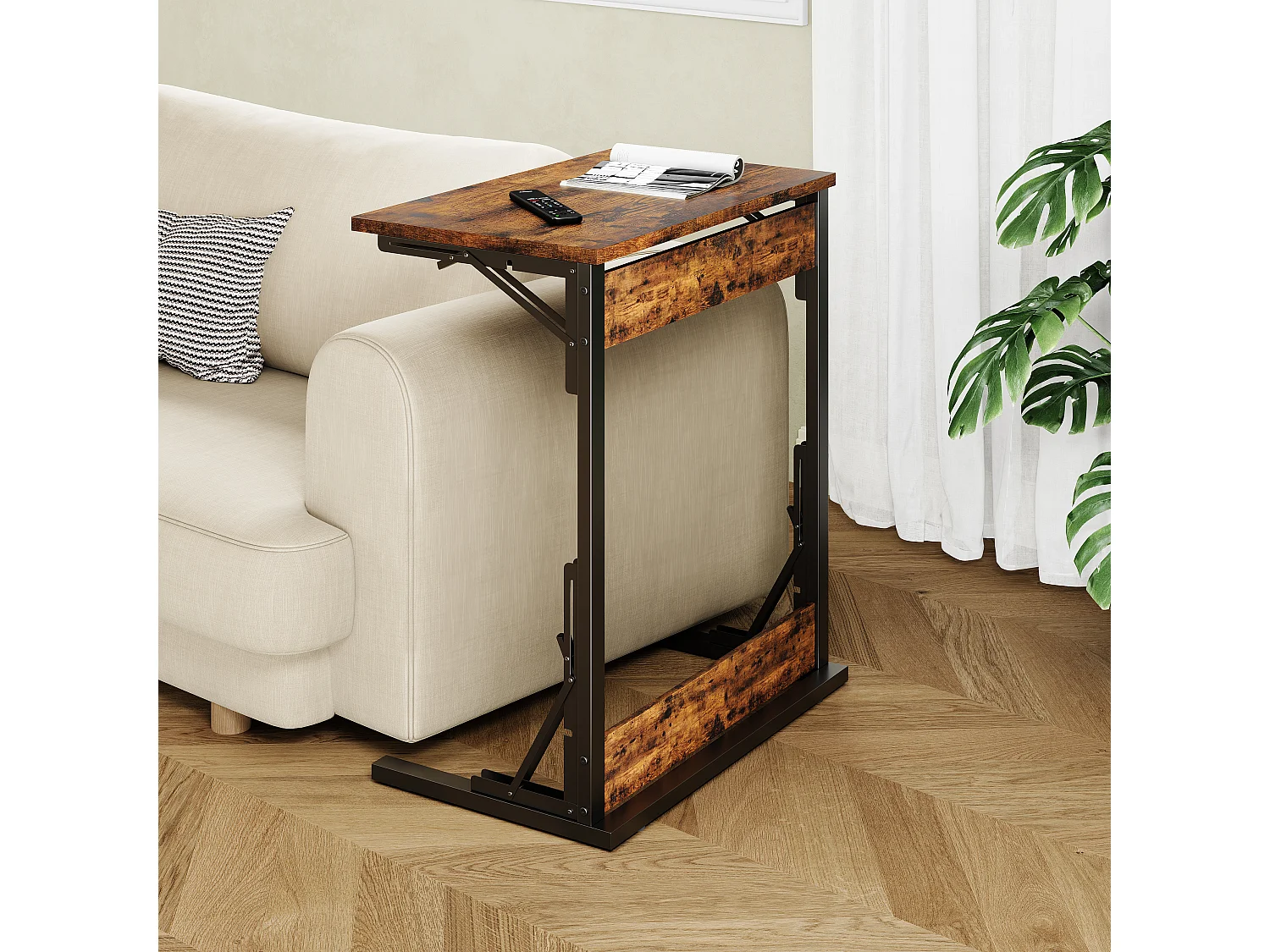 Opklapbare bijzettafels - Zwart metaal en rustiek bruin hout