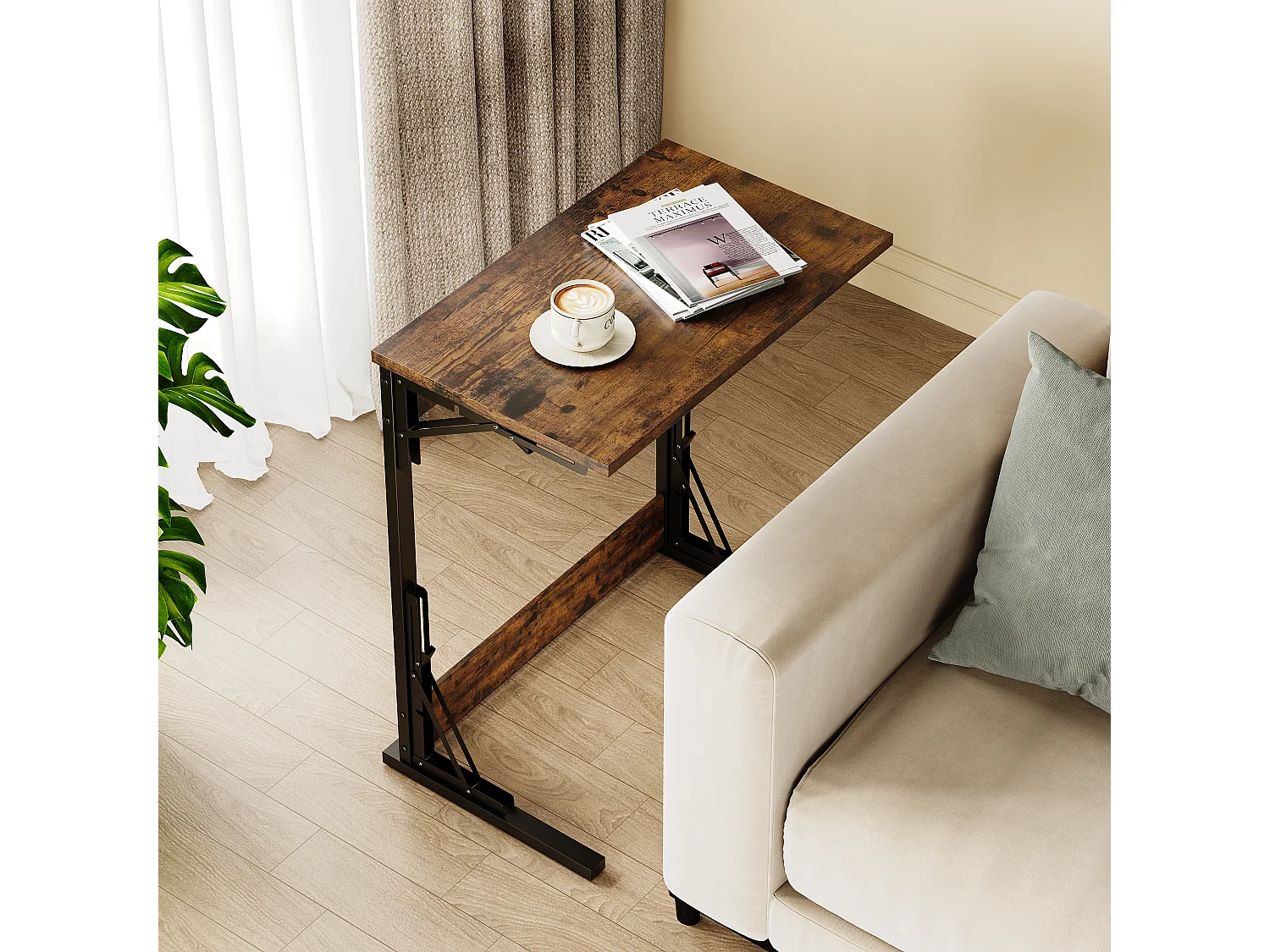 Opklapbare bijzettafels - Zwart metaal en rustiek bruin hout