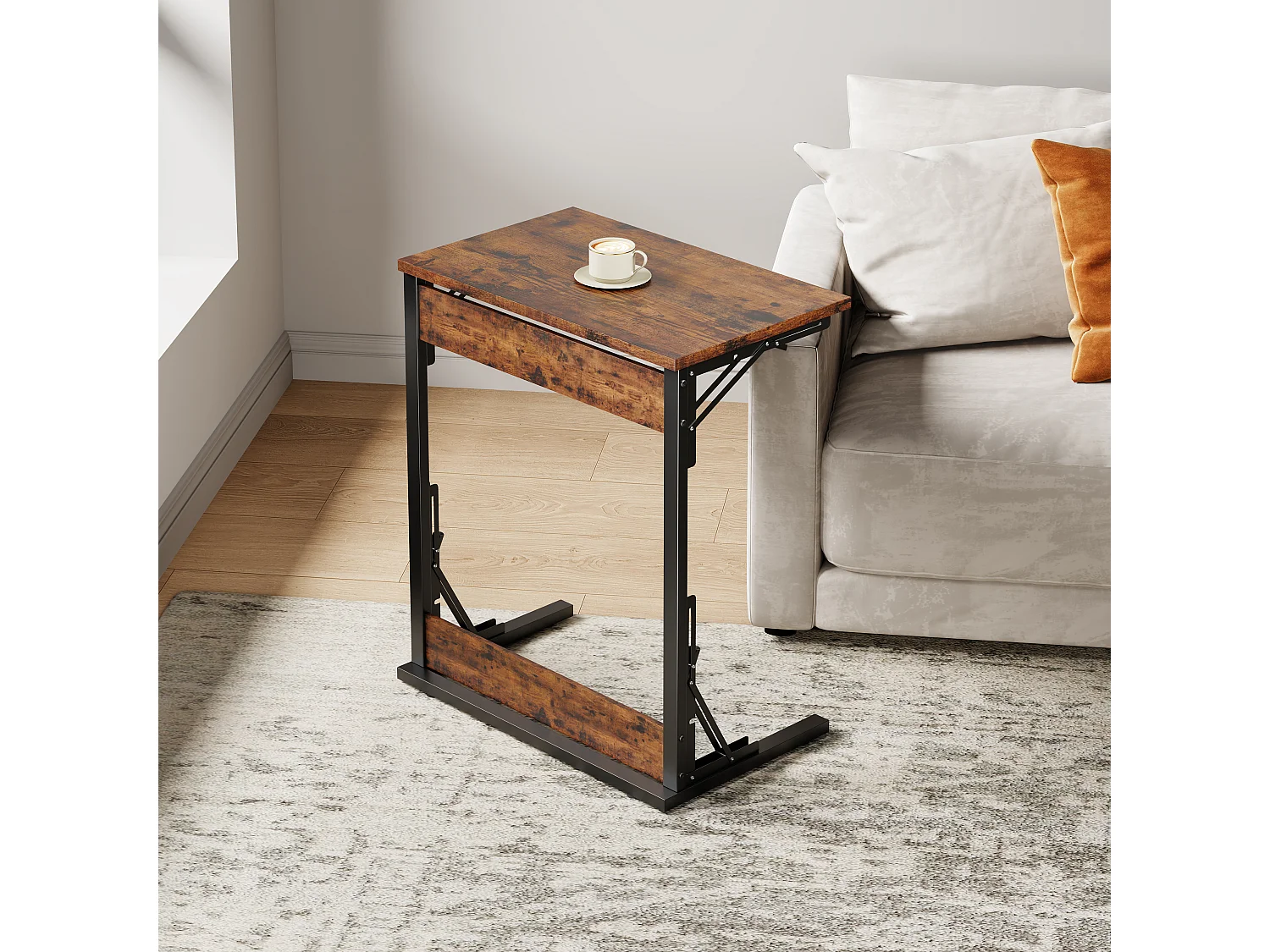 Opklapbare bijzettafels - Zwart metaal en rustiek bruin hout