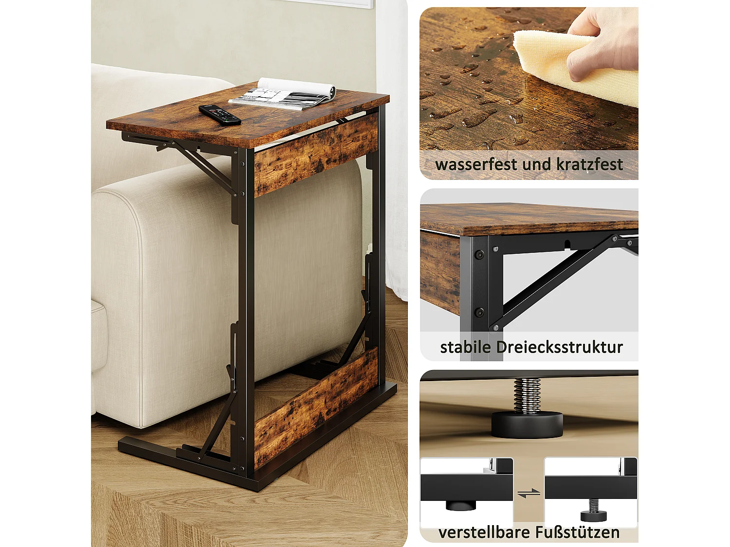 Opklapbare bijzettafels - Zwart metaal en rustiek bruin hout