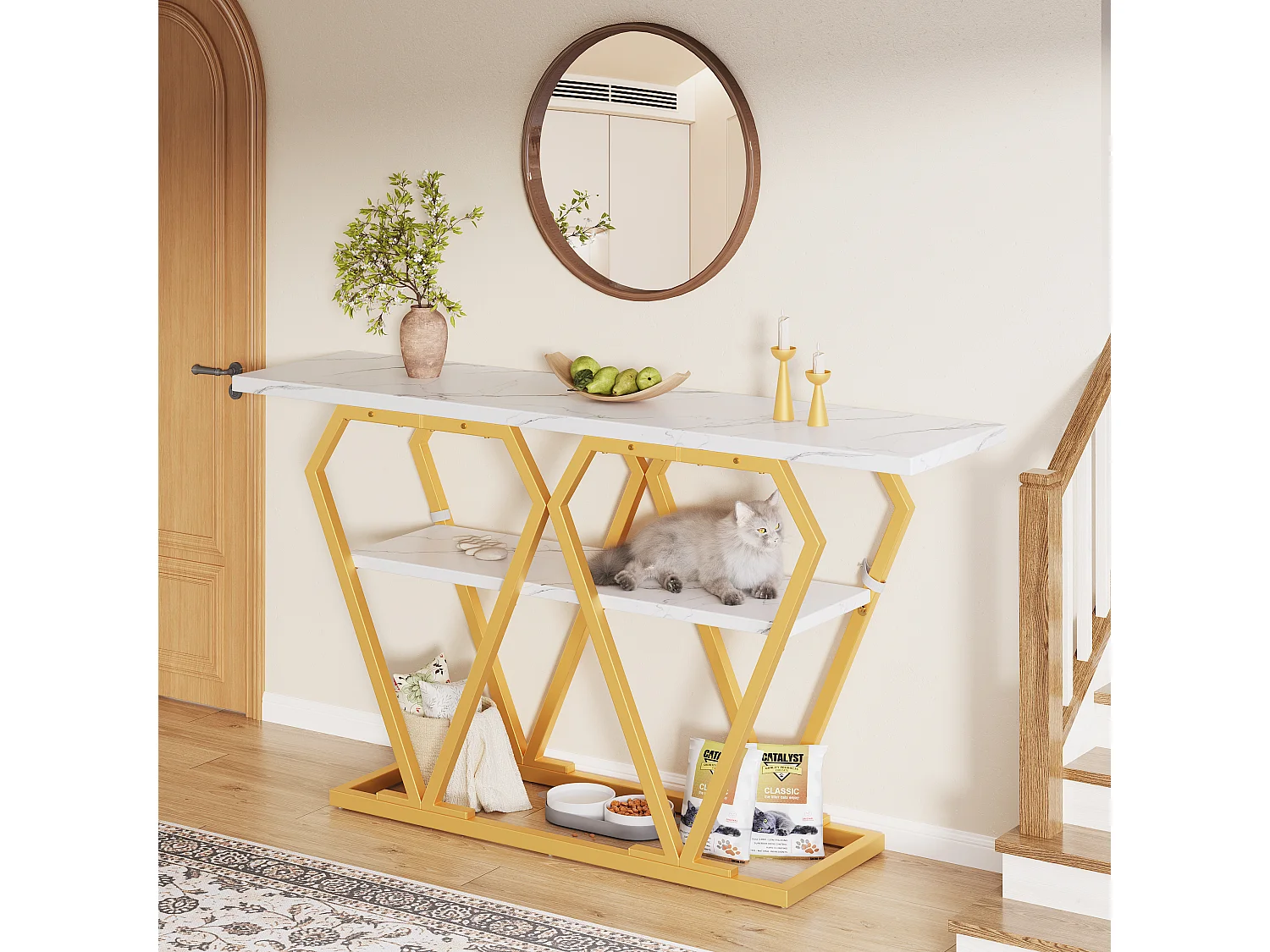 Consoletafel met blad in marmerlook - Goudkleurige metalen poten - Wit