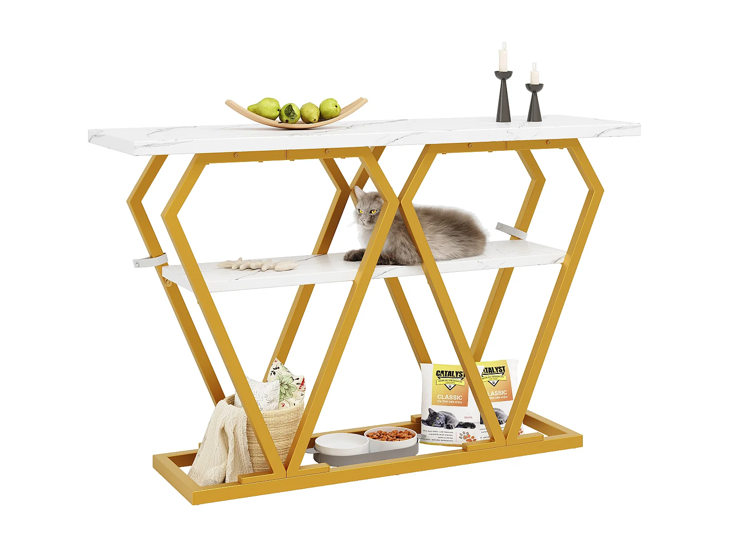 Consoletafel met blad in marmerlook - Goudkleurige metalen poten - Wit