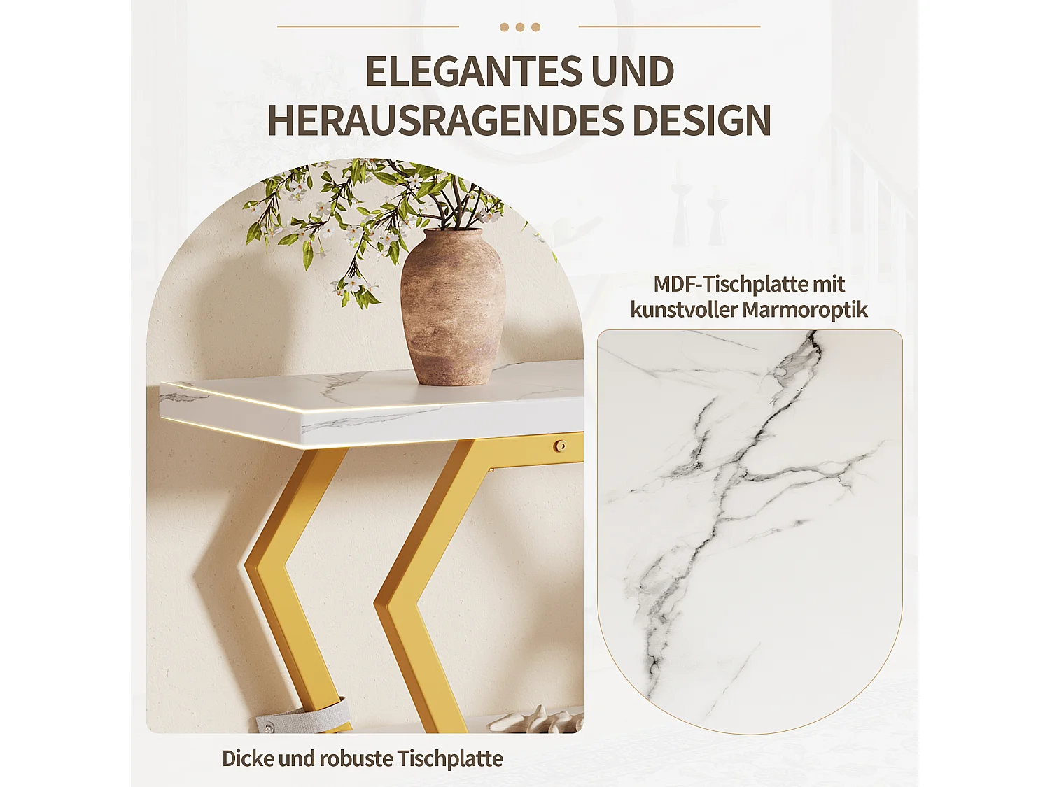 Consoletafel met blad in marmerlook - Goudkleurige metalen poten - Wit