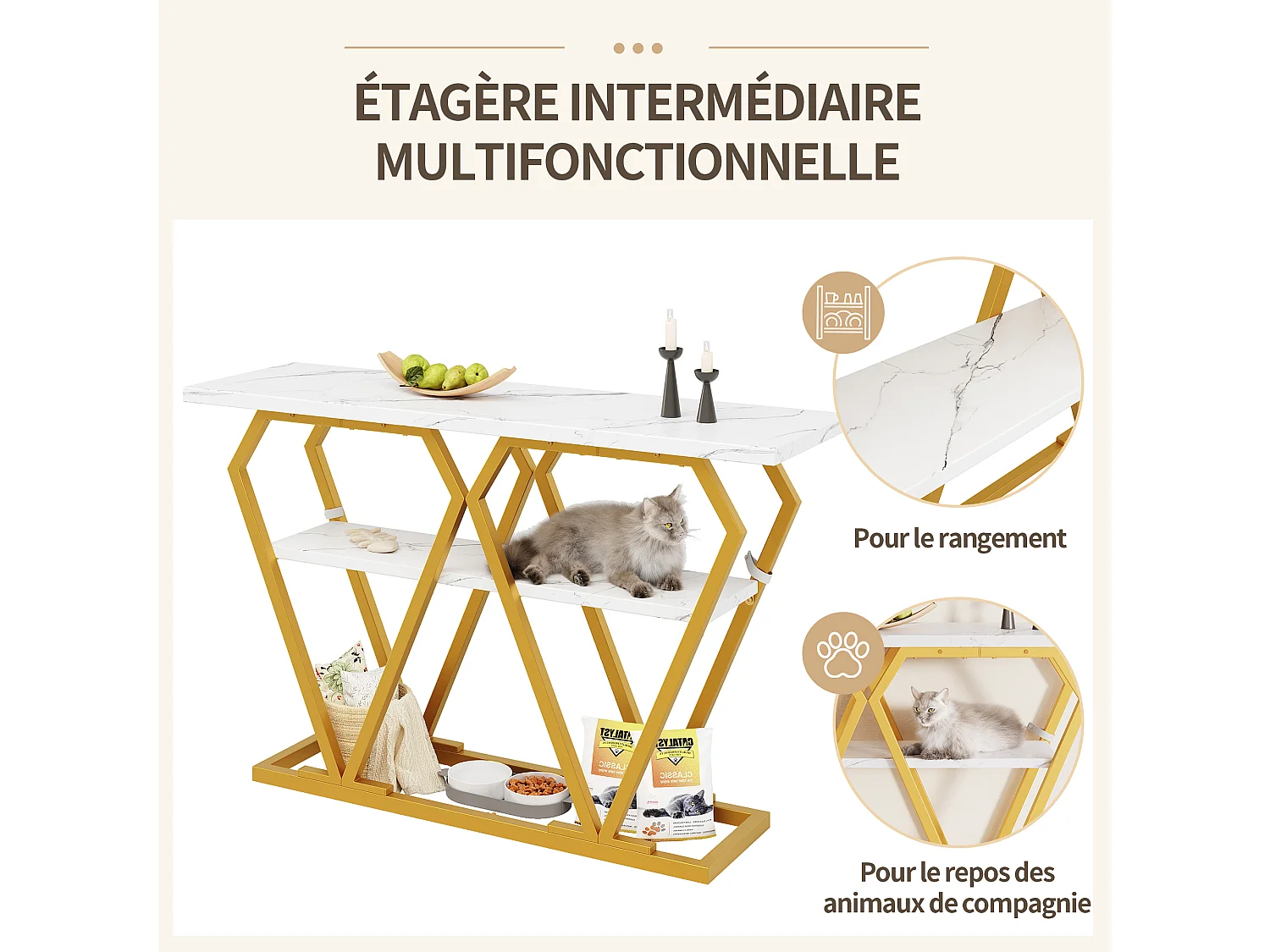 Consoletafel met blad in marmerlook - Goudkleurige metalen poten - Wit