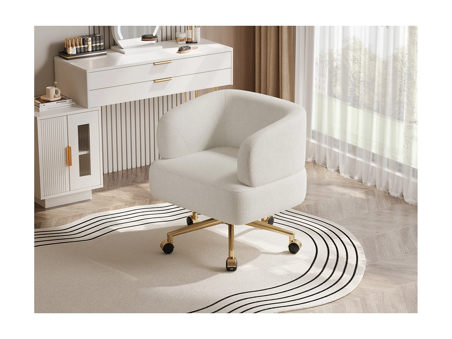 Draaibare fauteuil in beige chenille met een zitkussen van 20 cm, 71x60x71 cm