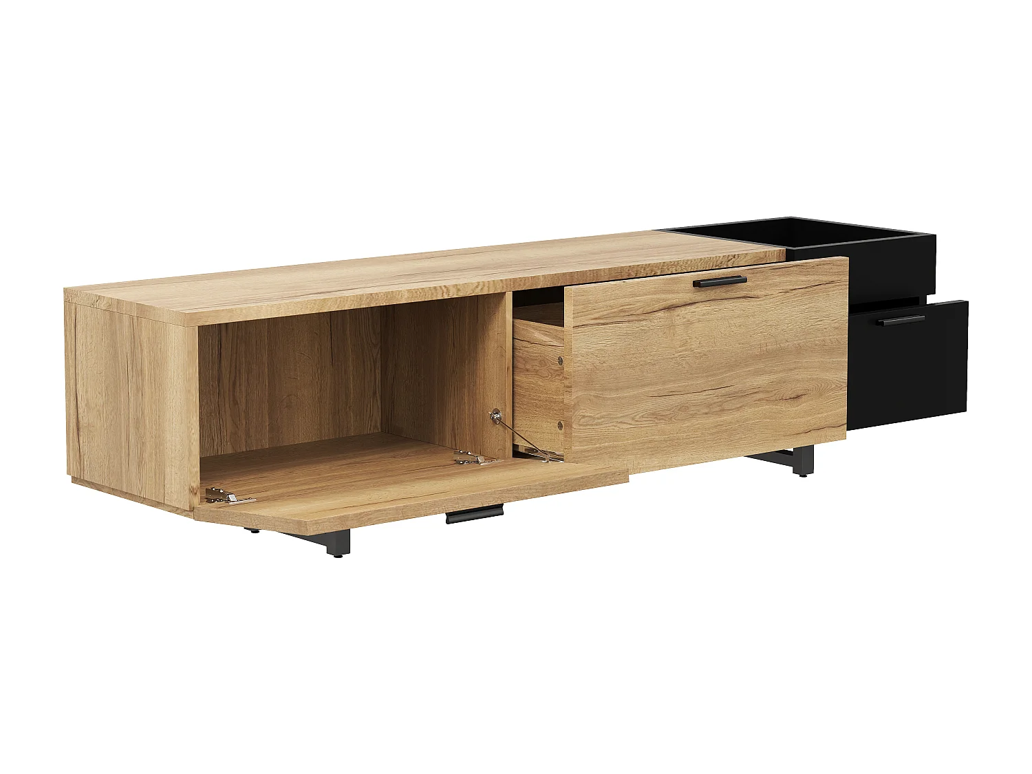 Tv-meubel met ledverlichting, 2 lades en een deur - Zwarte metalen poten - Hout en zwarte afwerking