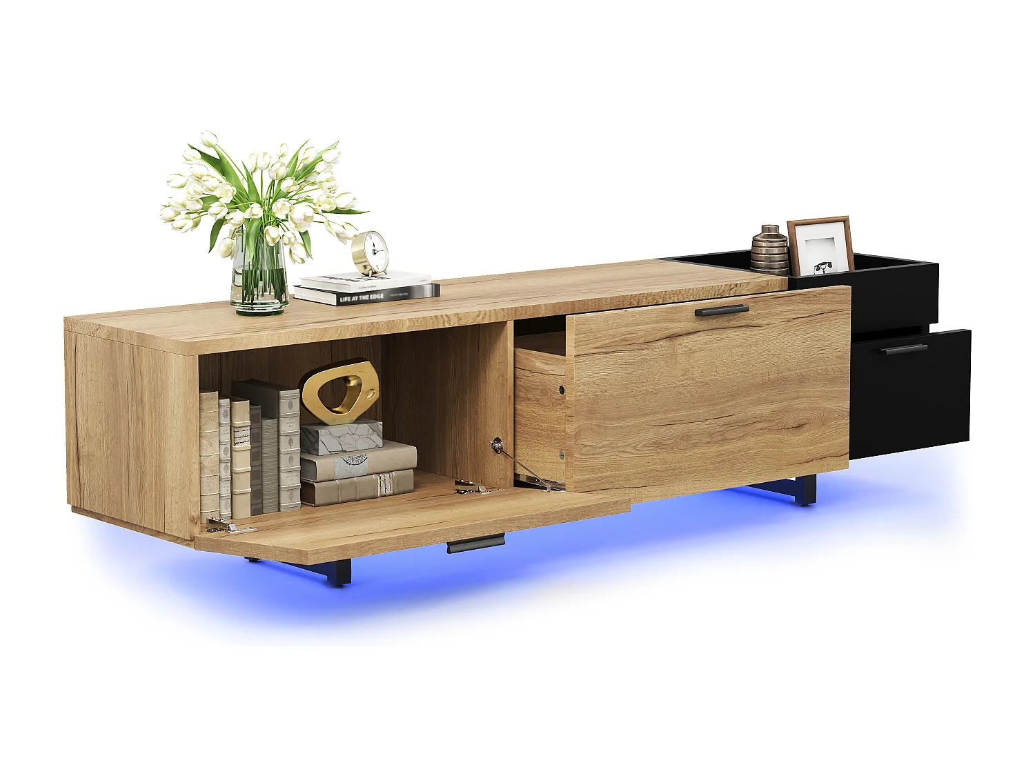 Tv-meubel met ledverlichting, 2 lades en een deur - Zwarte metalen poten - Hout en zwarte afwerking