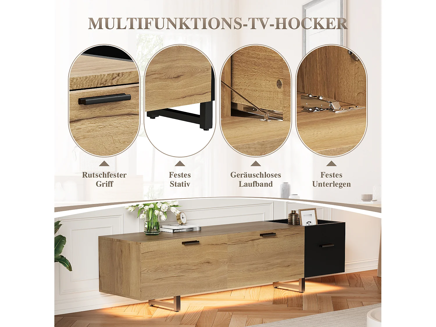 Tv-meubel met ledverlichting, 2 lades en een deur - Zwarte metalen poten - Hout en zwarte afwerking