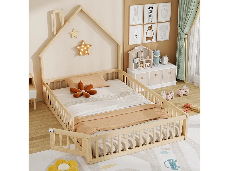 Letto a castello per bambini 140 x 190 cm a forma di camino - Legno di pino e MDF - Naturale chiaro
