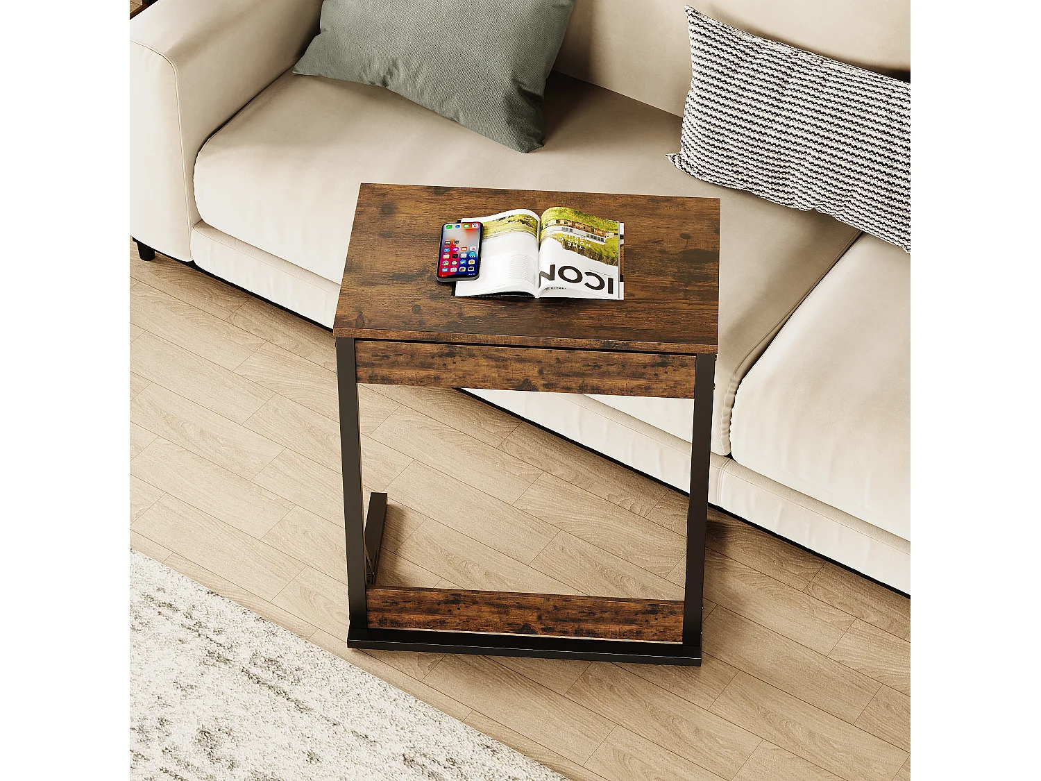 Set di 2 tavolini laterali pieghevoli - Metallo nero e legno marrone rustico