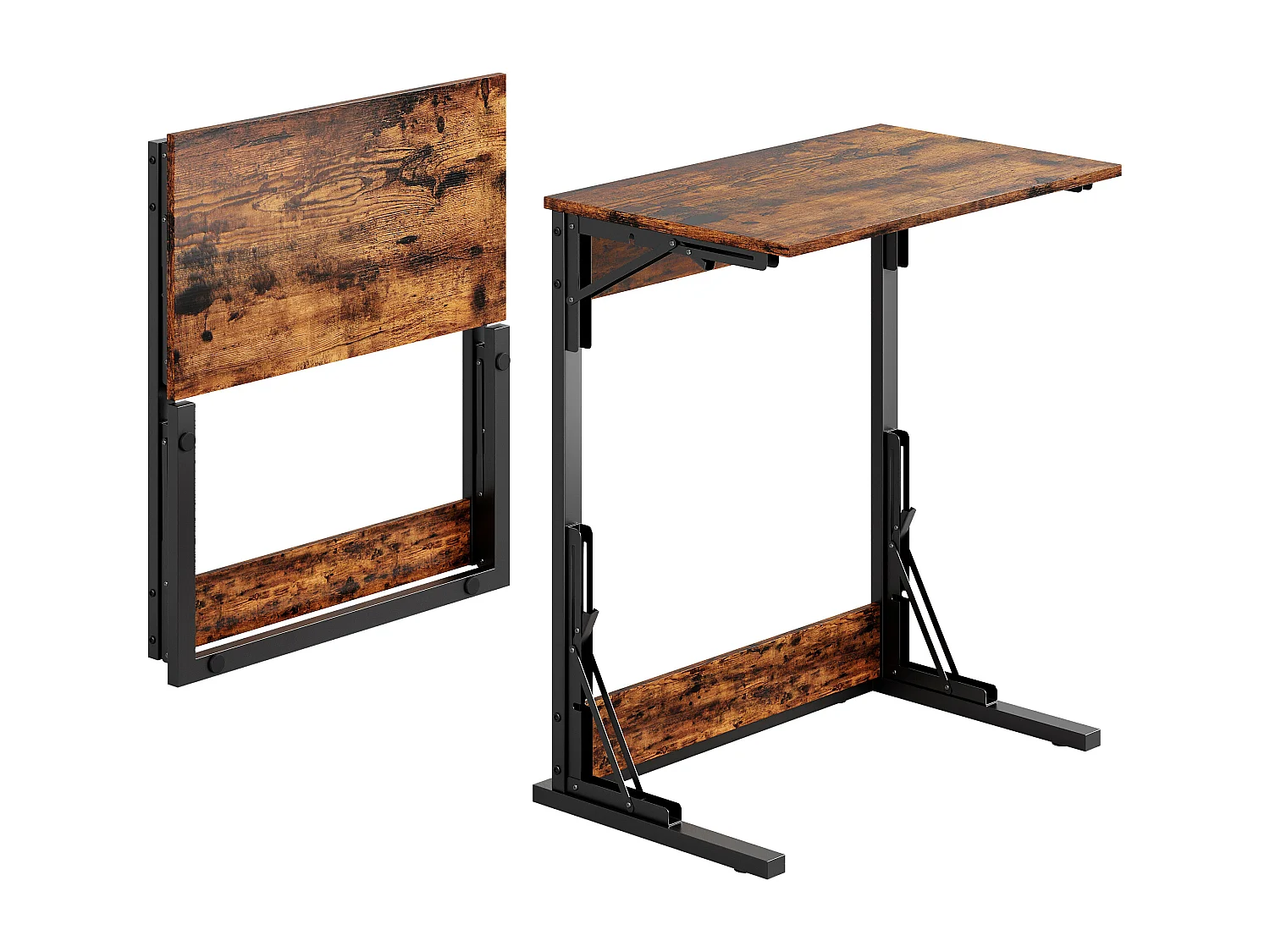 Set di 2 tavolini laterali pieghevoli - Metallo nero e legno marrone rustico