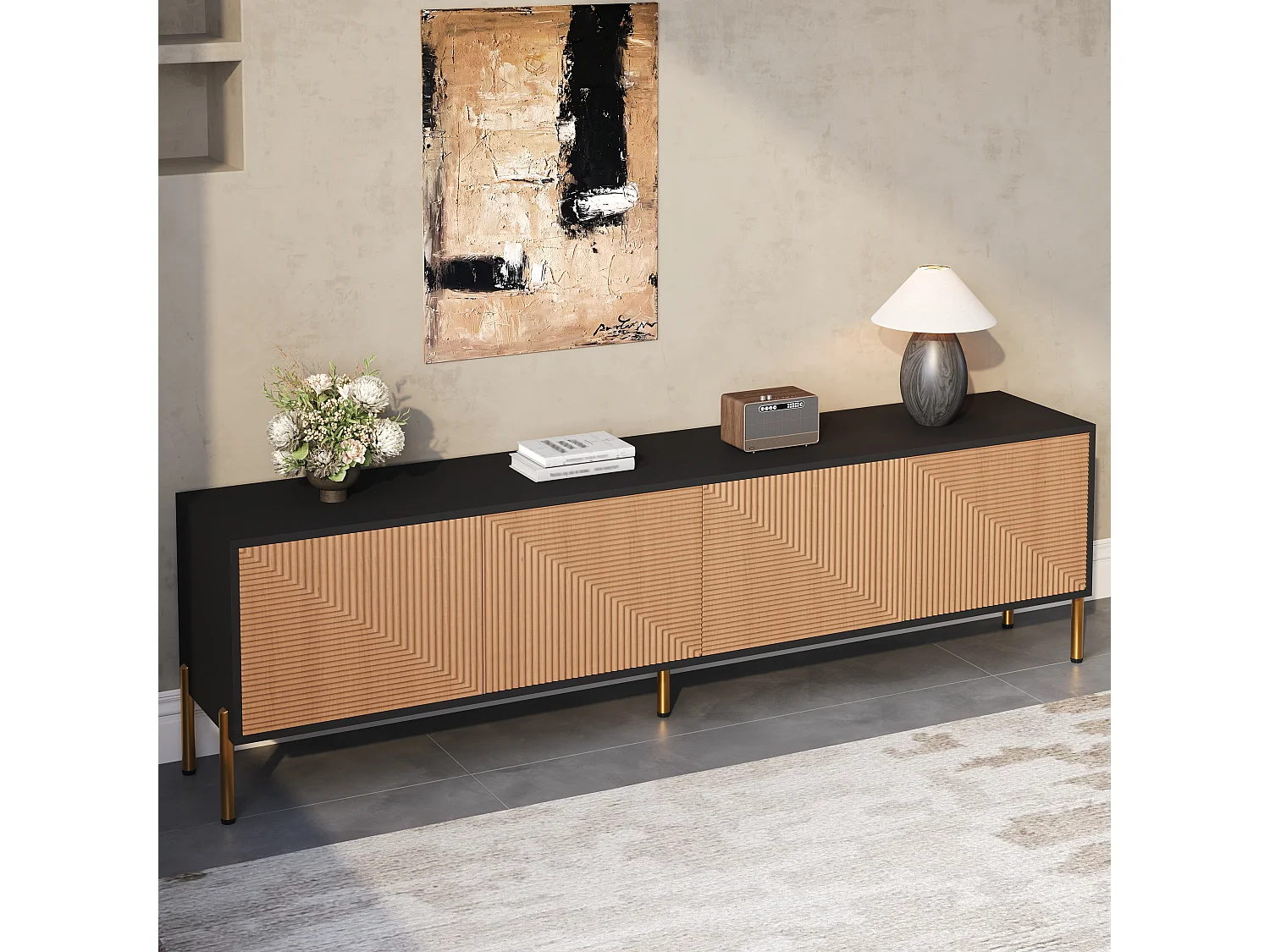 Tv-meubel met 4 deuren met structuurafwerking - Tweekleurig ontwerp in zwart en hout