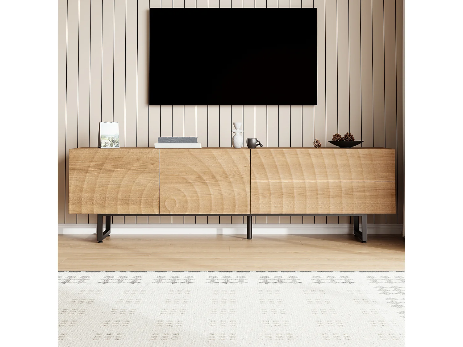 TV-meubel met structuurafwerking, 2 lades en 2 deuren - Houtkleur 180 x 38 x 51,5 cm