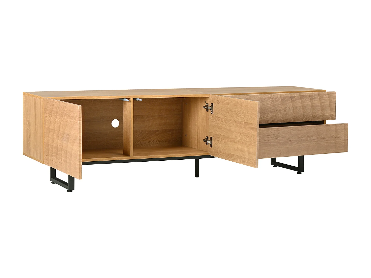 TV-meubel met structuurafwerking, 2 lades en 2 deuren - Houtkleur 180 x 38 x 51,5 cm