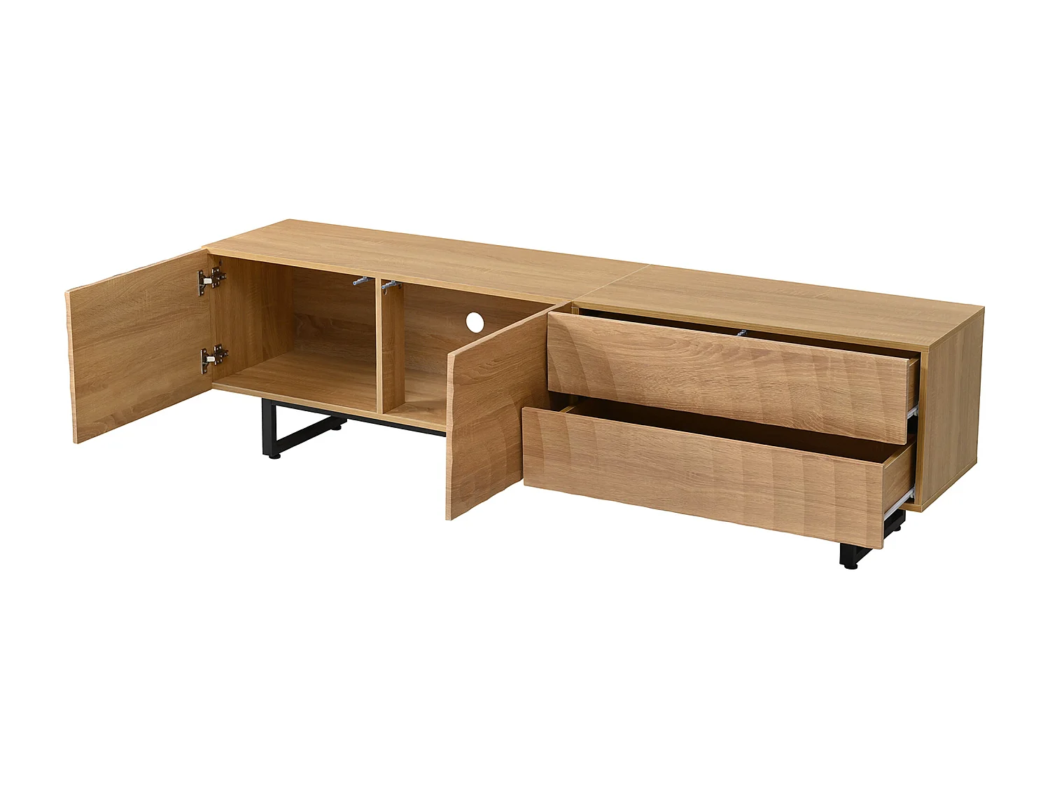 TV-meubel met structuurafwerking, 2 lades en 2 deuren - Houtkleur 180 x 38 x 51,5 cm