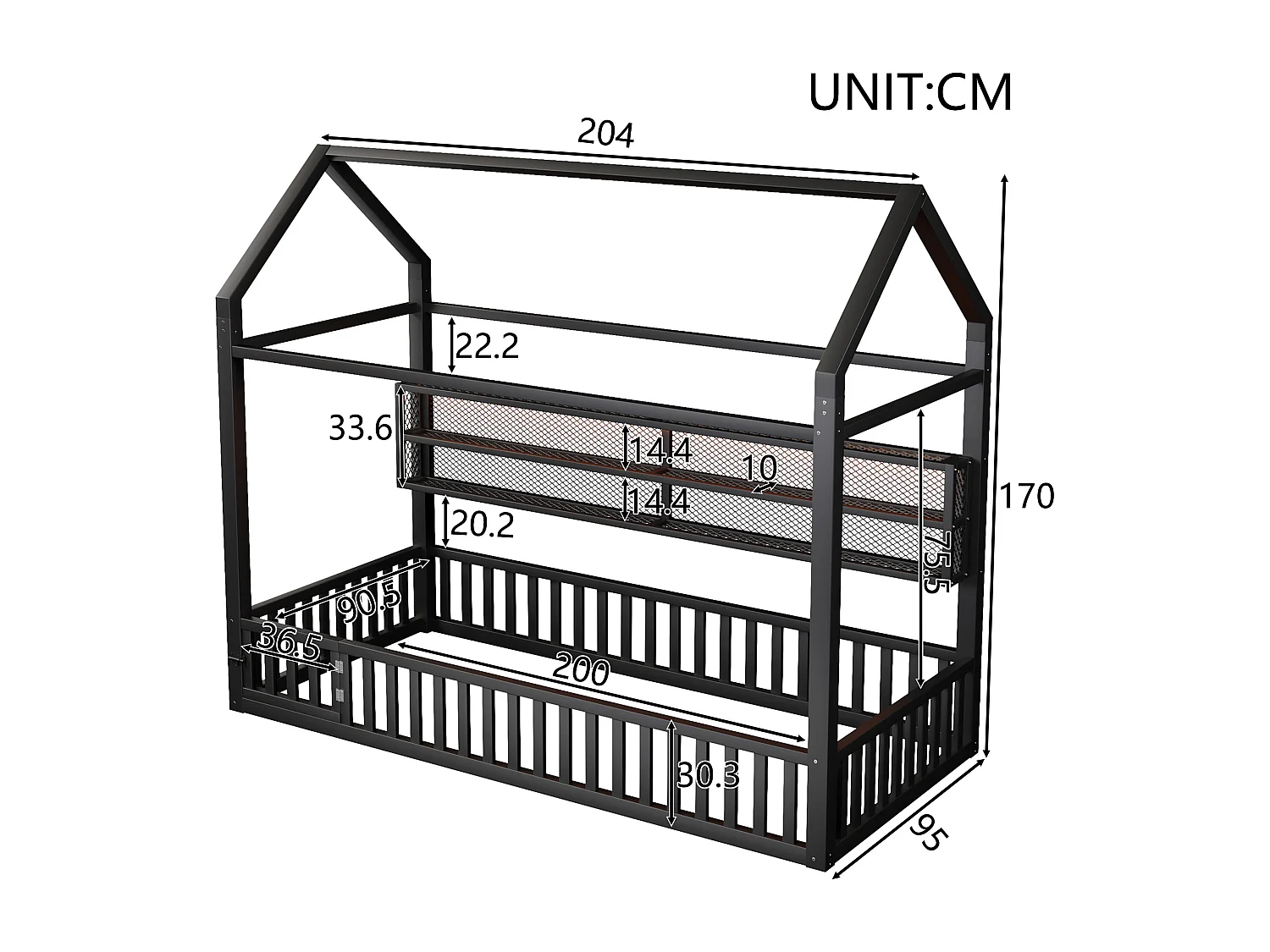 Kinderkajuitbed 90x200 cm met opbergplanken en ledverlichting - Zonder lattenbodem - Zwart