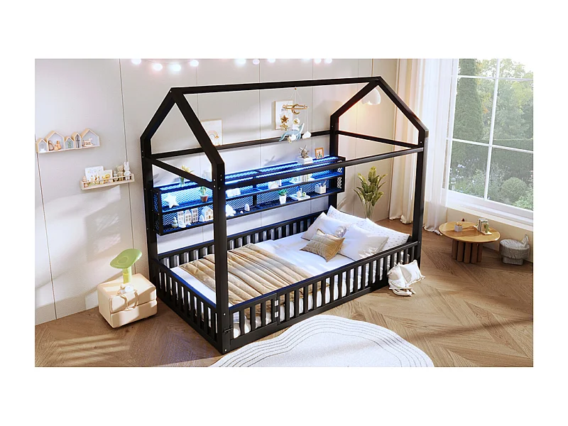 Kinderkajuitbed 90x200 cm met opbergplanken en ledverlichting - Zonder lattenbodem - Zwart