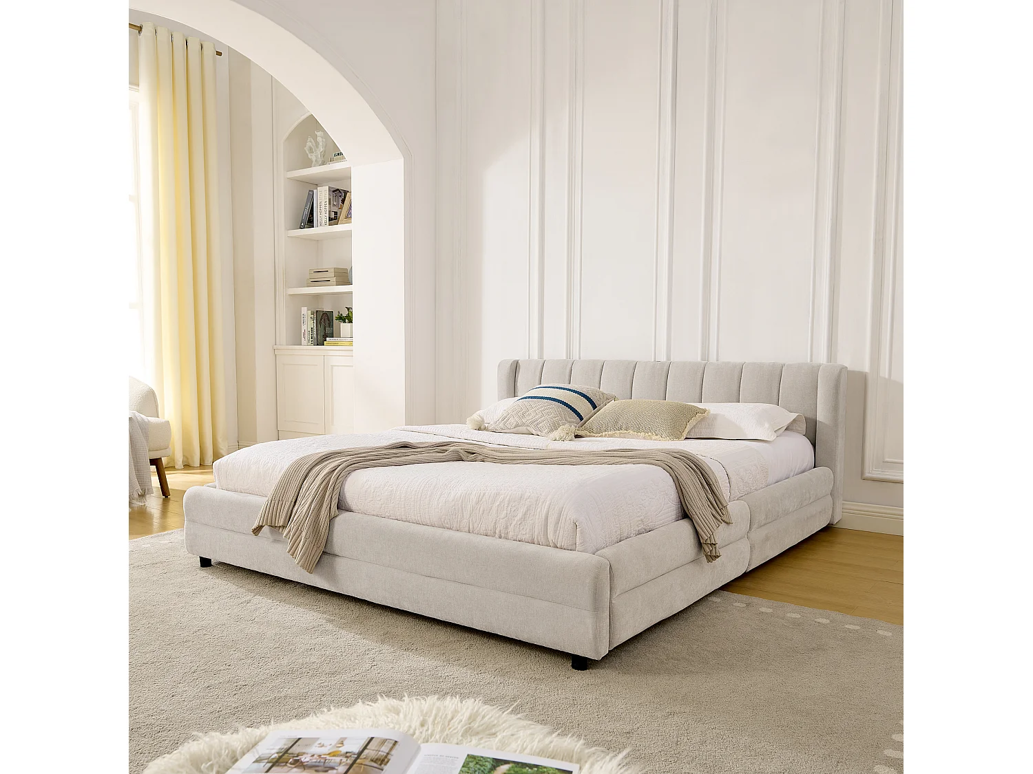 Tweepersoonsbed voor volwassenen 160x200 cm met USB-aansluiting en 4 lades - Beige chenille stof (matras niet inbegrepen)