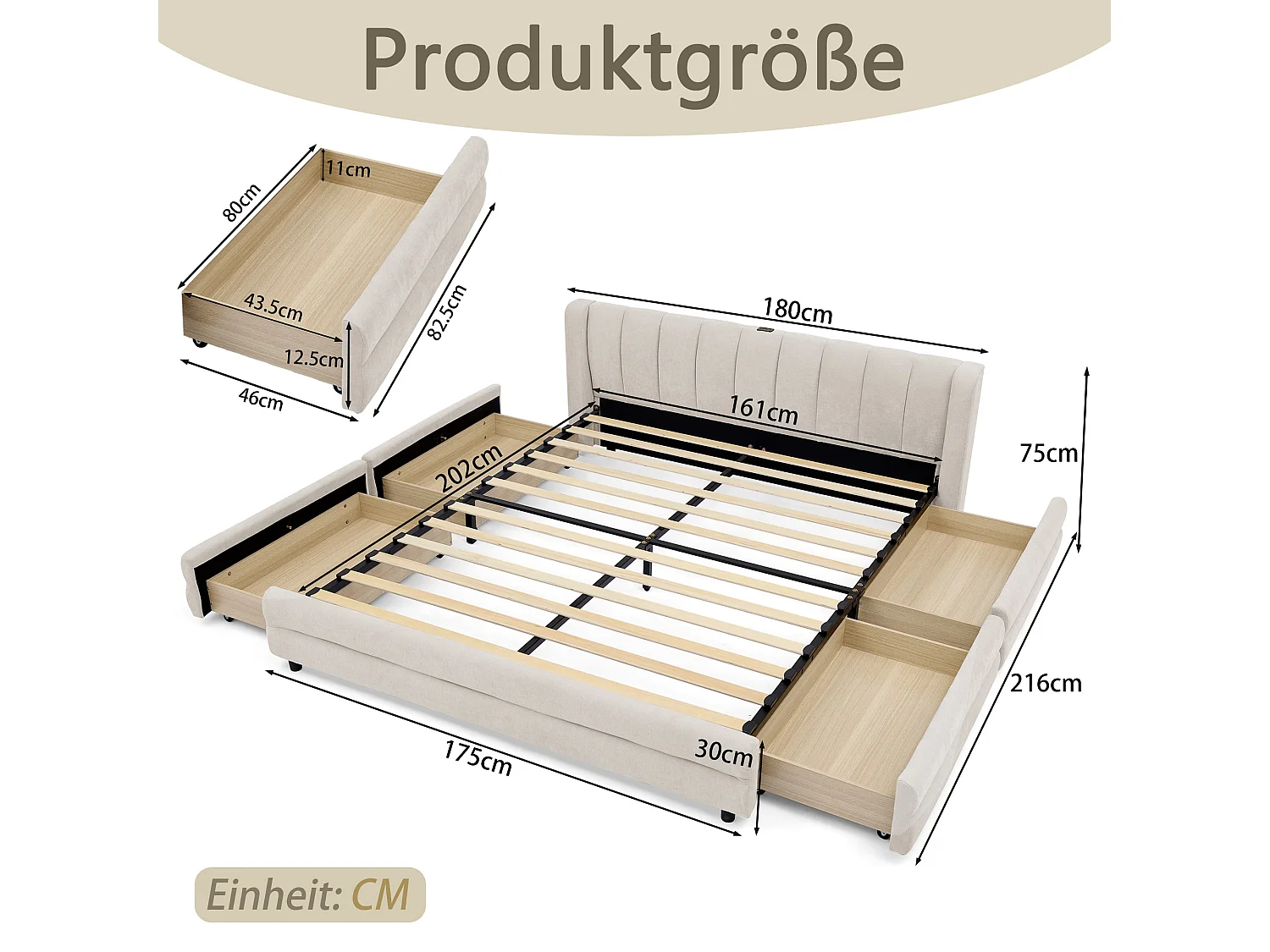 Tweepersoonsbed voor volwassenen 160x200 cm met USB-aansluiting en 4 lades - Beige chenille stof (matras niet inbegrepen)