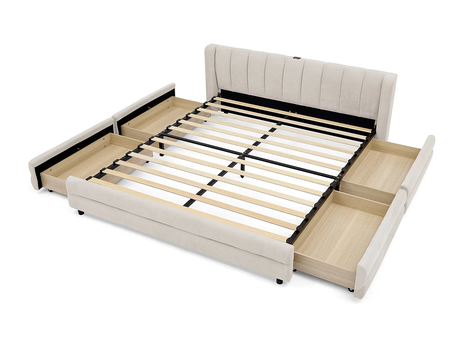 Tweepersoonsbed voor volwassenen 160x200 cm met USB-aansluiting en 4 lades - Beige chenille stof (matras niet inbegrepen)