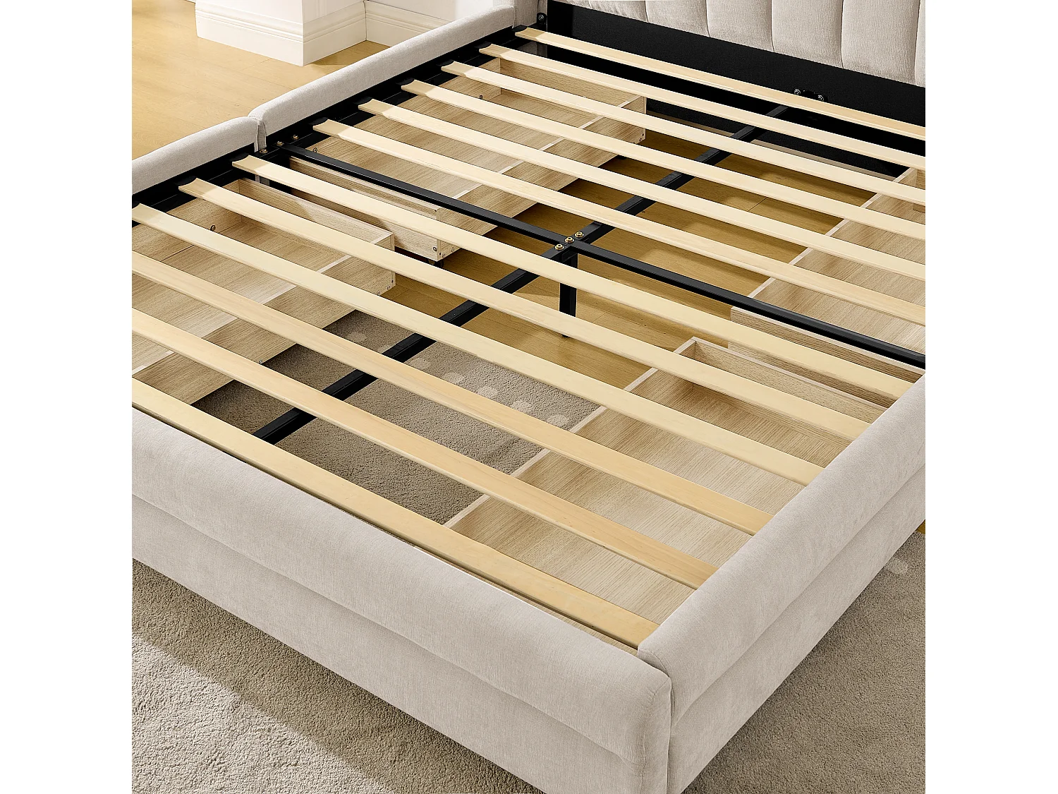 Tweepersoonsbed voor volwassenen 160x200 cm met USB-aansluiting en 4 lades - Beige chenille stof (matras niet inbegrepen)