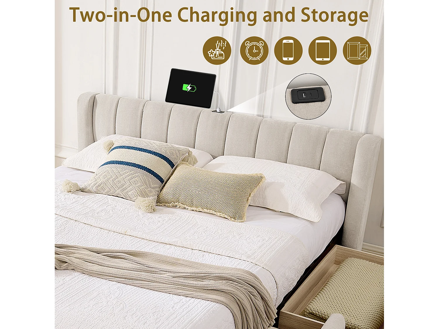 Tweepersoonsbed voor volwassenen 160x200 cm met USB-aansluiting en 4 lades - Beige chenille stof (matras niet inbegrepen)