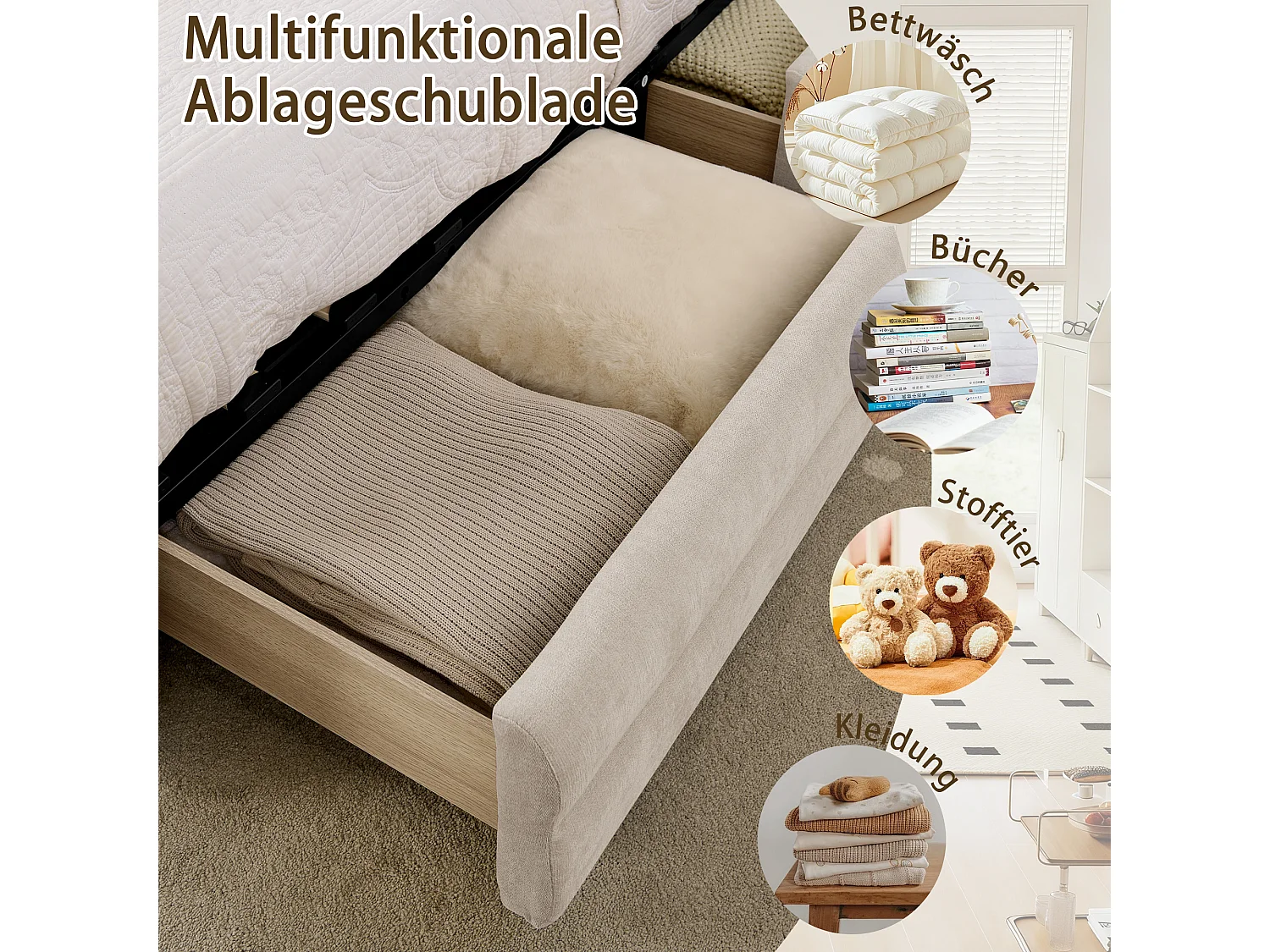 Tweepersoonsbed voor volwassenen 160x200 cm met USB-aansluiting en 4 lades - Beige chenille stof (matras niet inbegrepen)