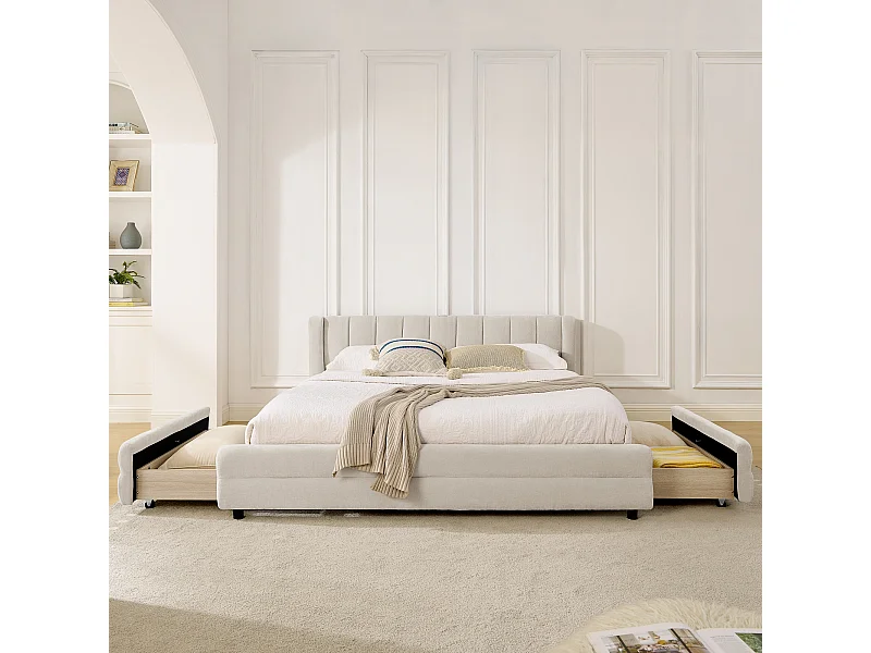 Tweepersoonsbed voor volwassenen 160x200 cm met USB-aansluiting en 4 lades - Beige chenille stof (matras niet inbegrepen)