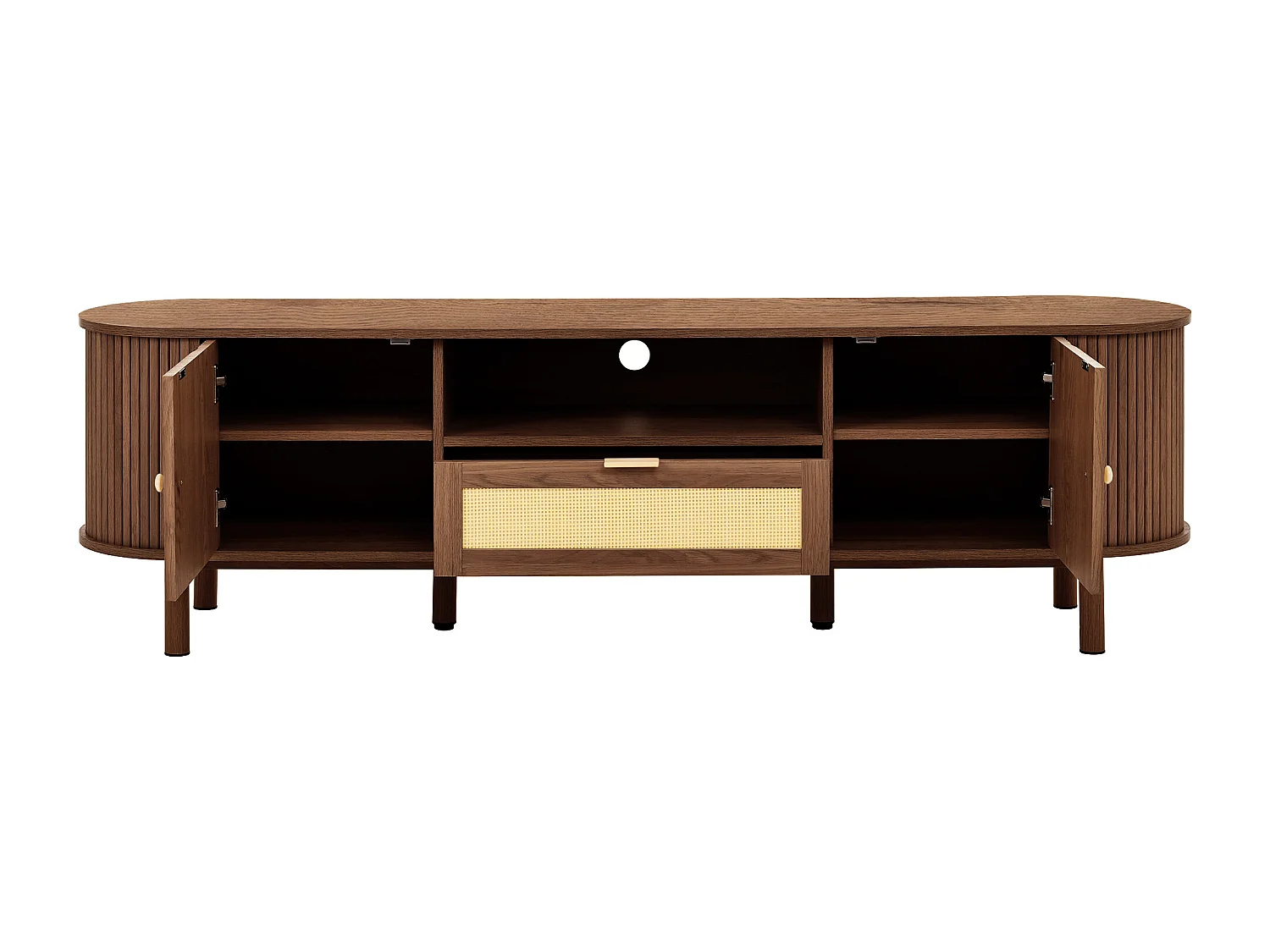 Modern tv-meubel met rotan lade en 2 deuren - Metalen poten - Bruin