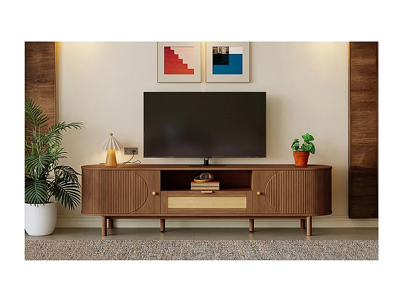 Modern tv-meubel met rotan lade en 2 deuren - Metalen poten - Bruin