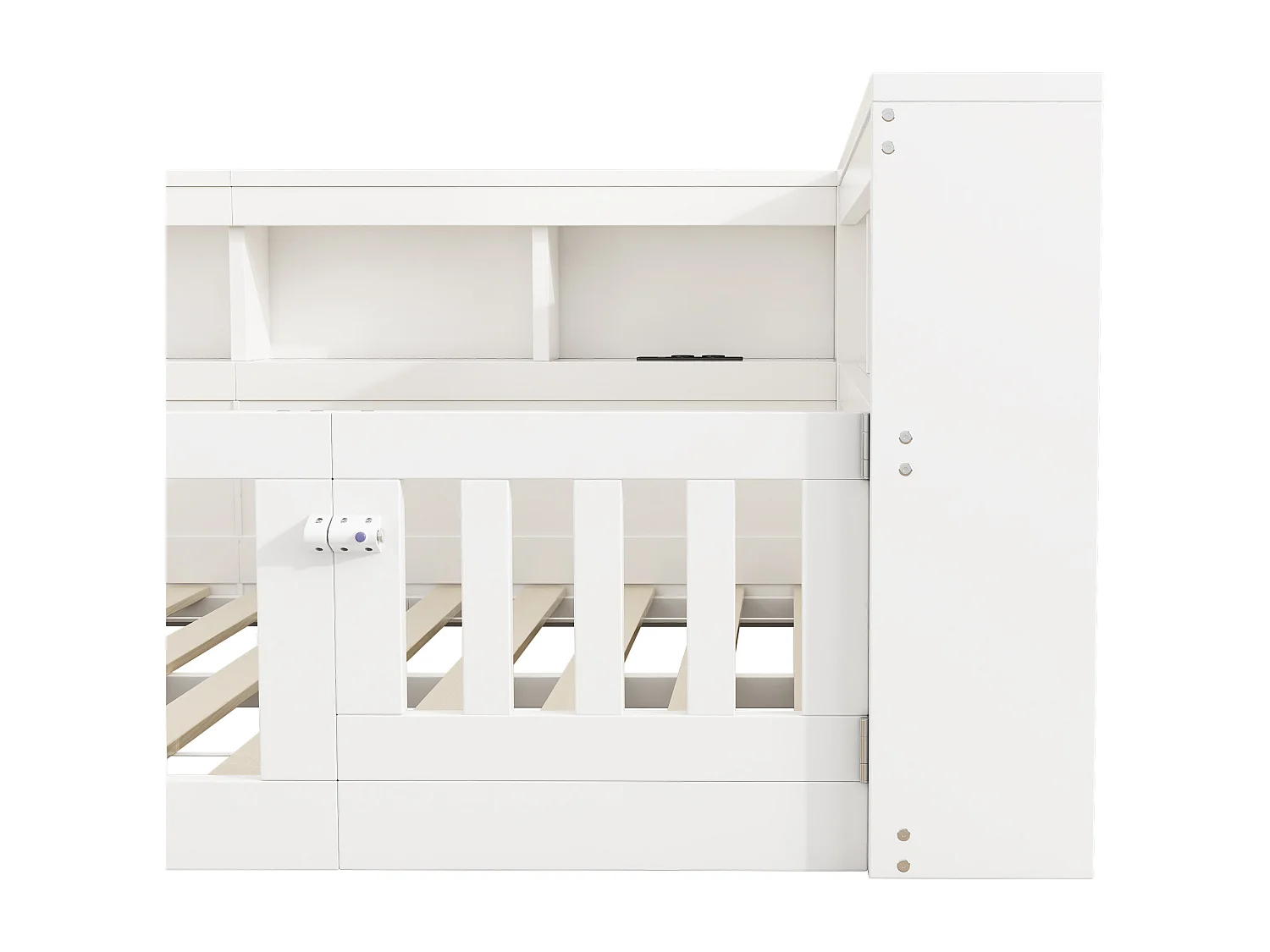 Lit enfant 140x190 cm au sol avec prise, rangements et sommier à lattes - Blanc