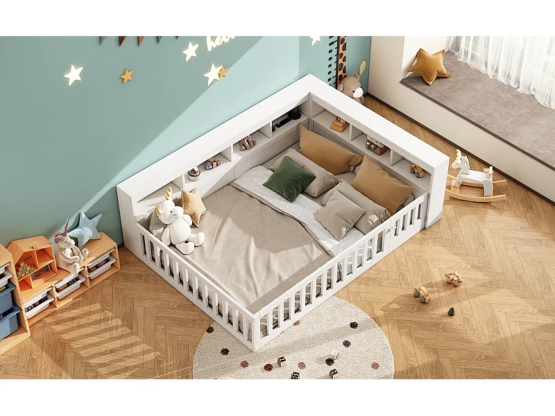 Letto per bambini 140x190 cm a terra con presa di corrente, contenitore e rete a doghe - Bianco
