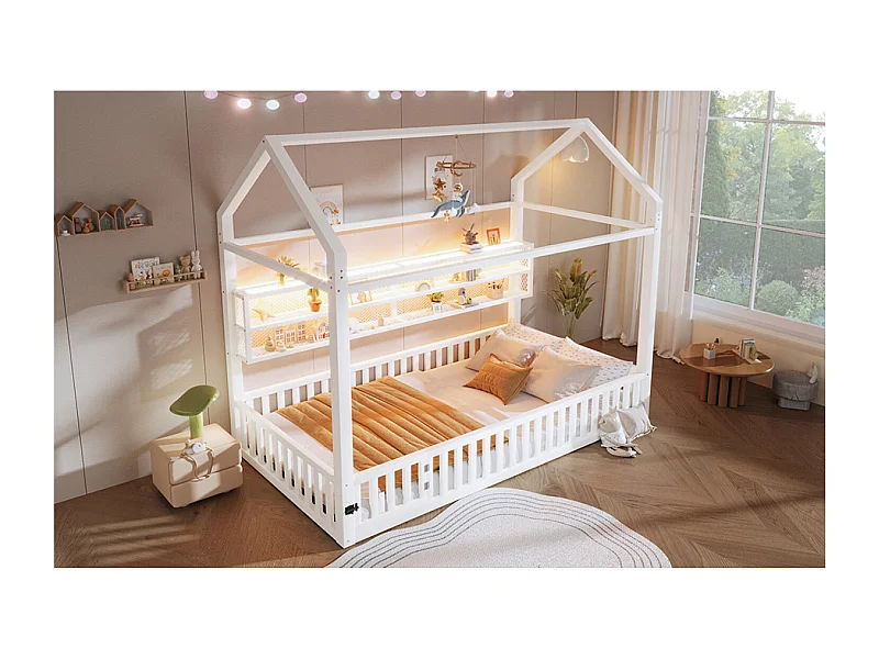 Kinderkajuitbed 90x200 cm met opbergplanken en ledverlichting - Zonder lattenbodem - Wit