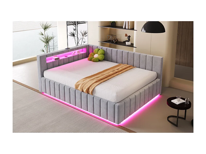 Lit coffre adulte 140x200cm avec LED et USB - Lit banquette en velours gris clair