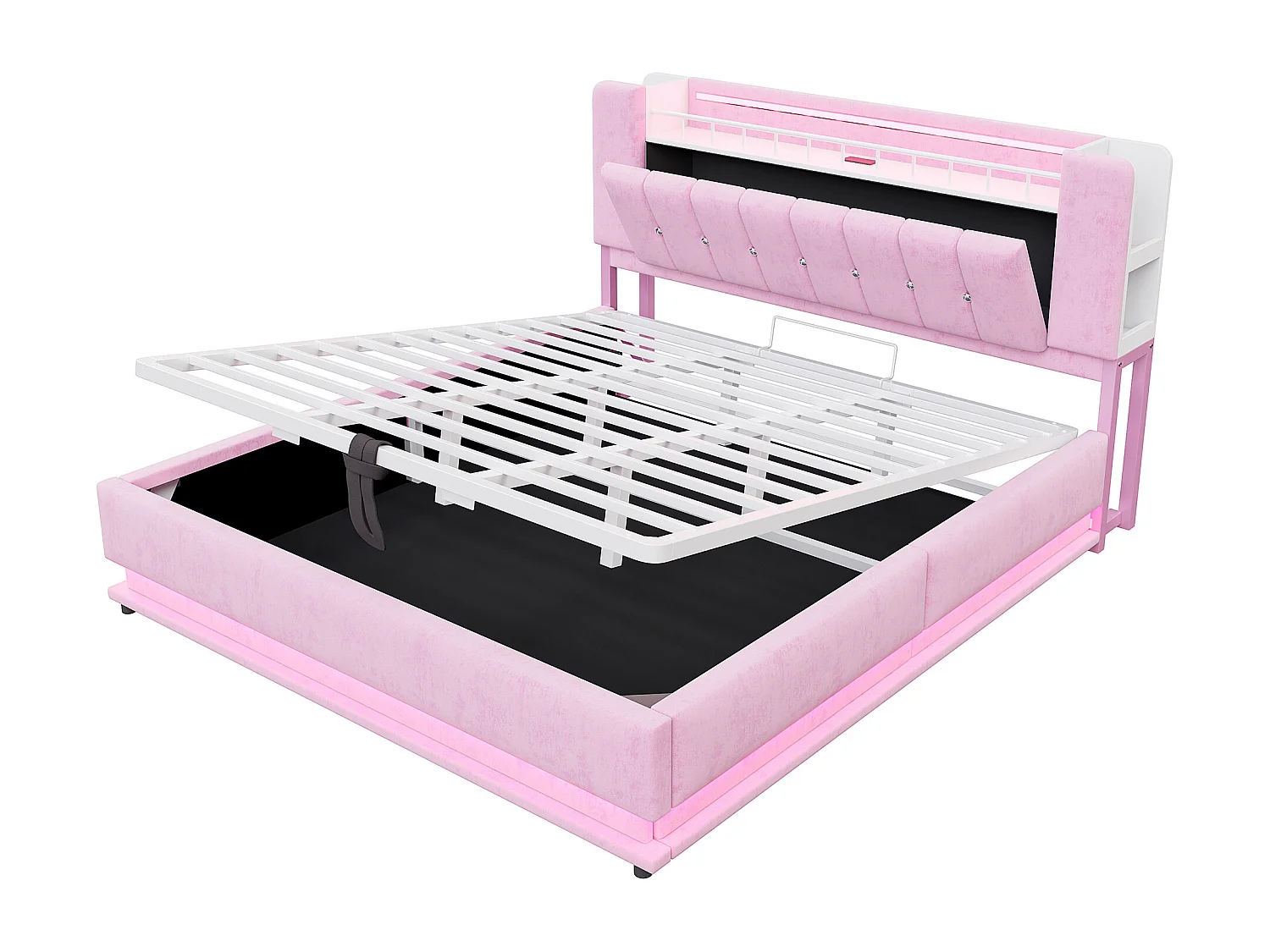 Lit coffre double 180x200cm avec LED, USB et tête à rangements - Velours Rose