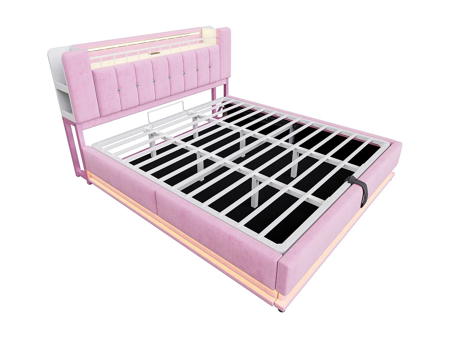 Lit coffre double 180x200cm avec LED, USB et tête à rangements - Velours Rose