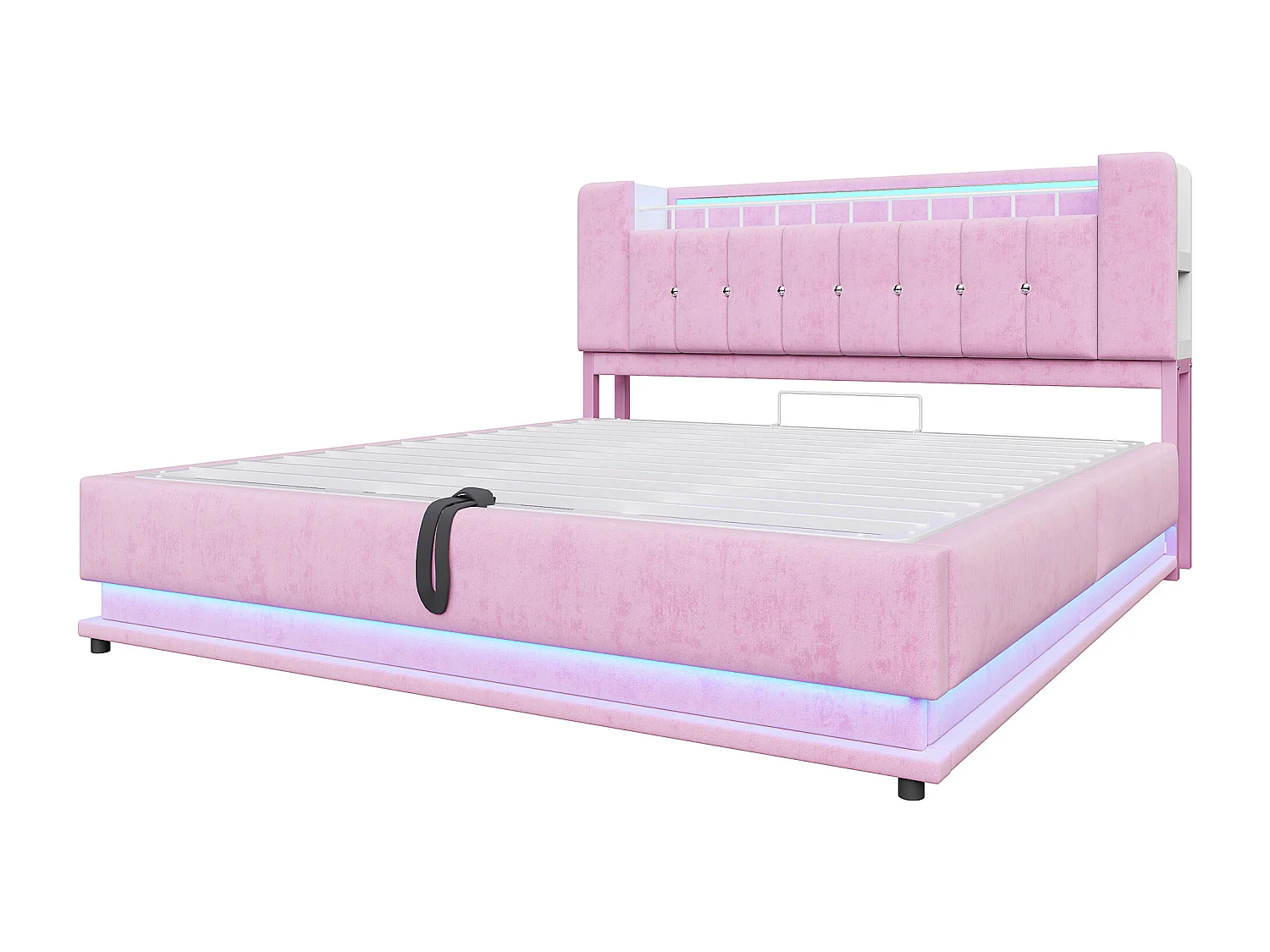 Lit coffre double 180x200cm avec LED, USB et tête à rangements - Velours Rose