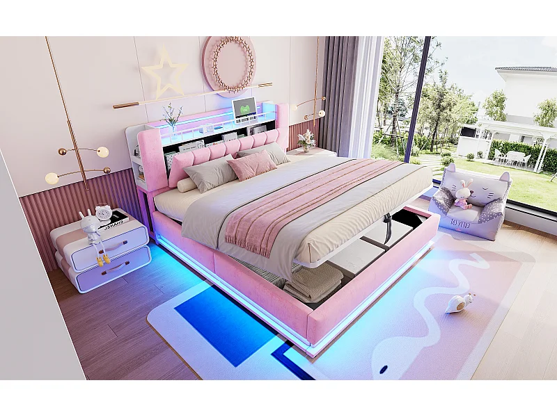 Lit coffre double 180x200cm avec LED, USB et tête à rangements - Velours Rose