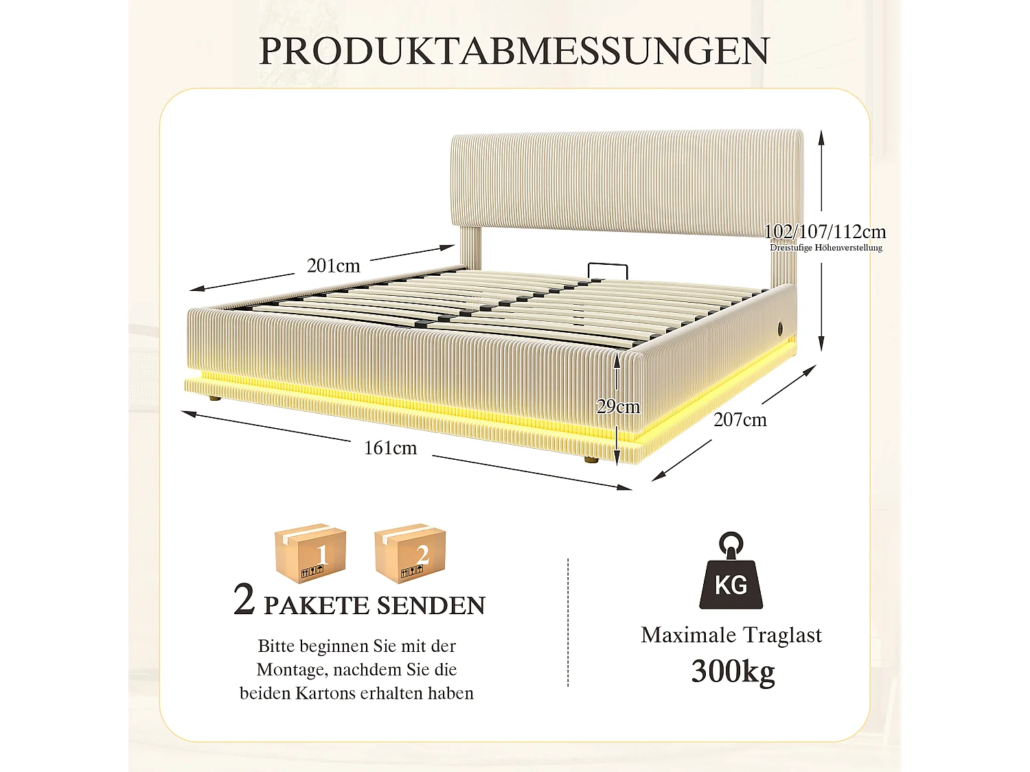 Cama canapé para adultos 160x200 cm con cabecero ajustable, iluminación LED y puertos USB - Pana beige