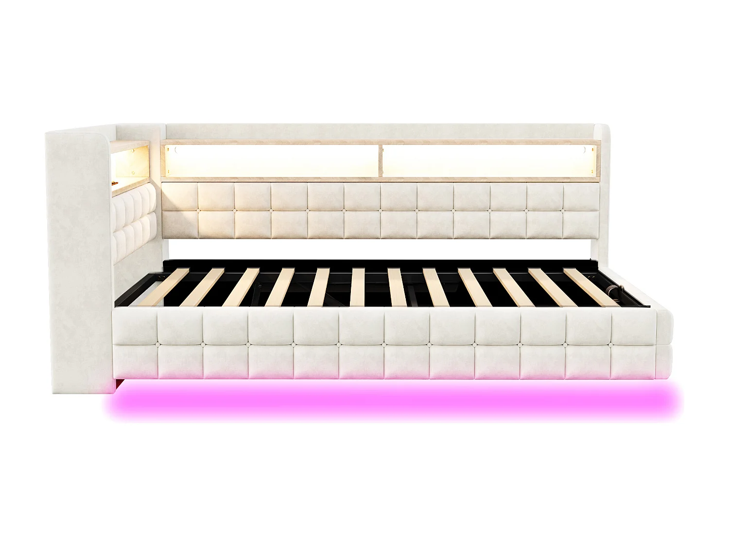 Letto contenitore per bambini 90x200 cm in velluto beige - Divano letto con USB/Type-C, LED e contenitore