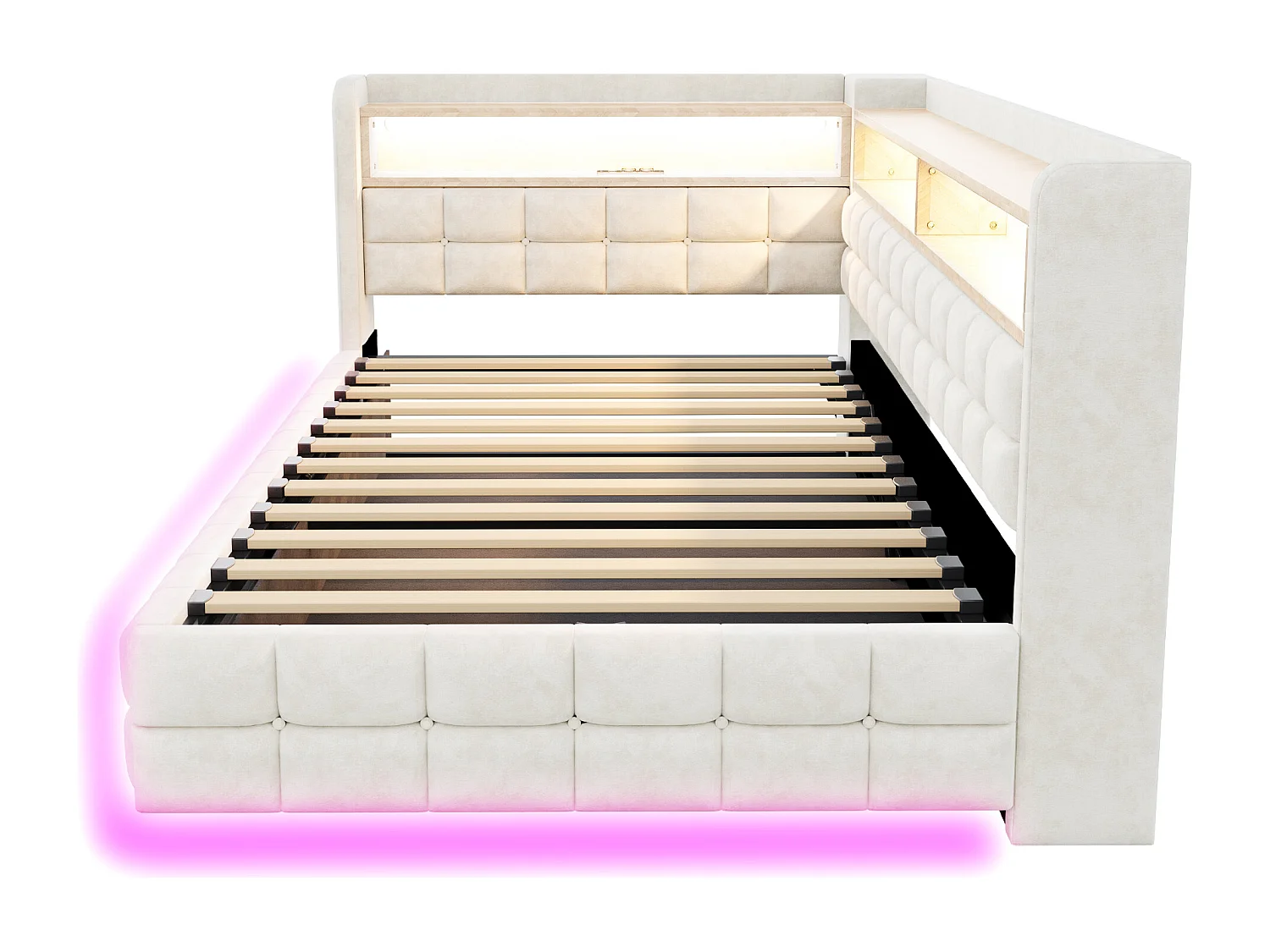 Letto contenitore per bambini 90x200 cm in velluto beige - Divano letto con USB/Type-C, LED e contenitore