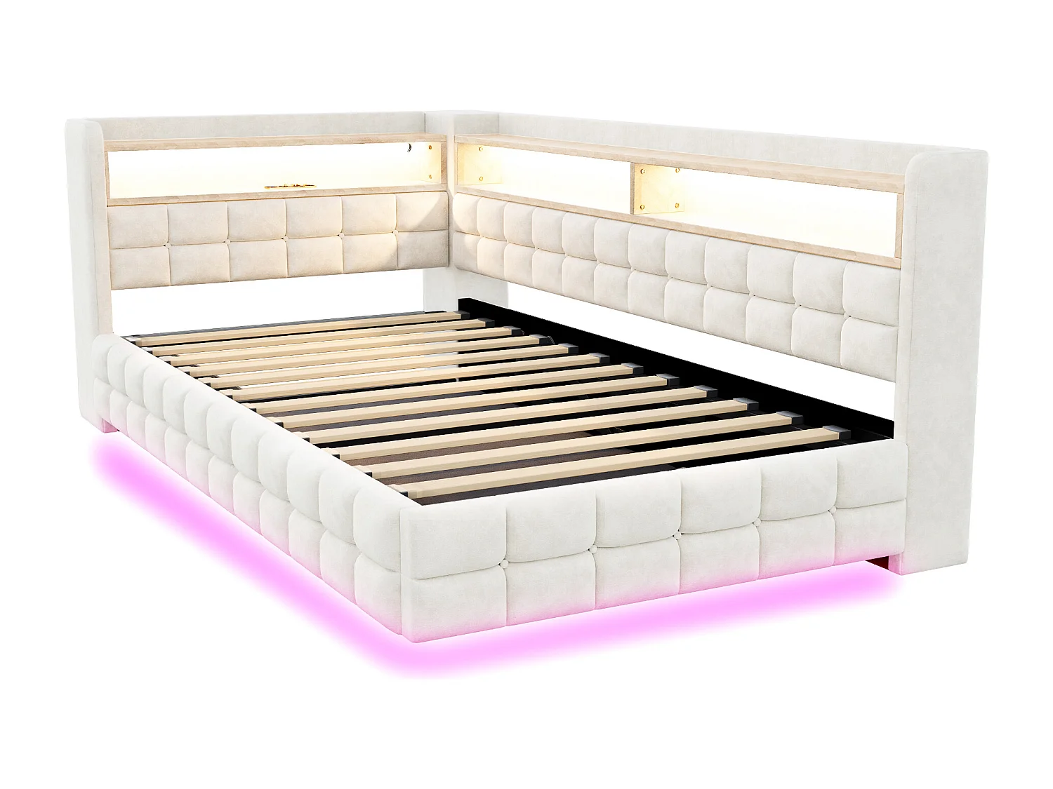 Letto contenitore per bambini 90x200 cm in velluto beige - Divano letto con USB/Type-C, LED e contenitore