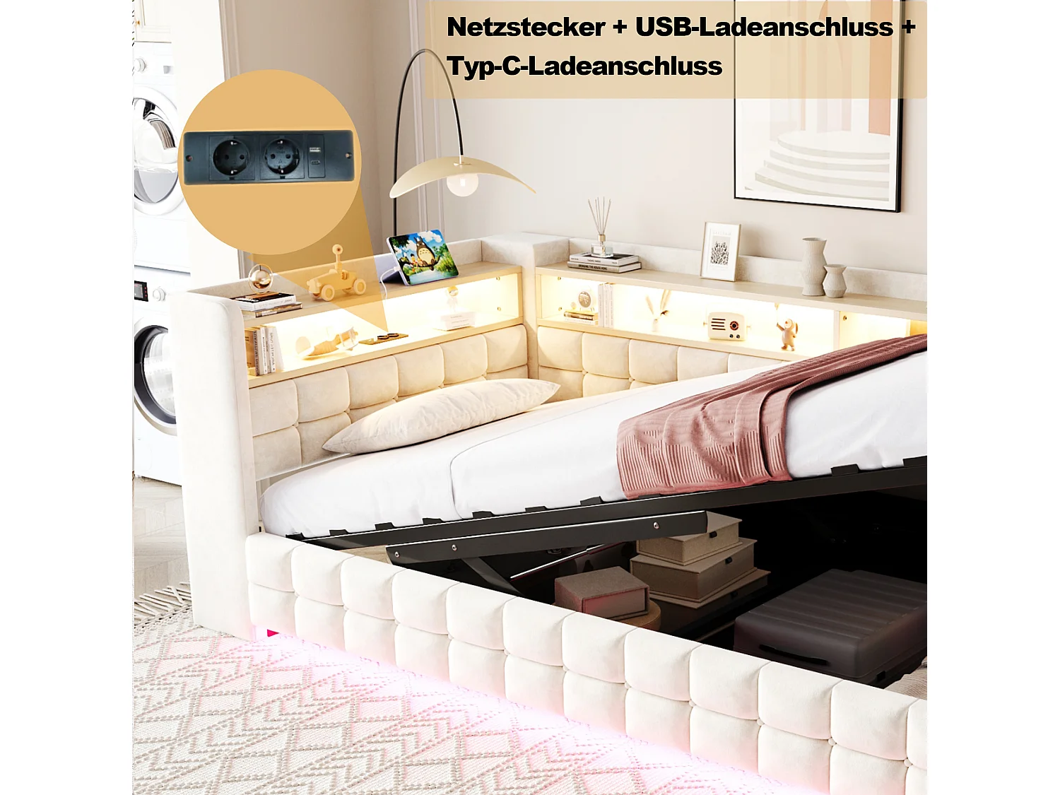 Letto contenitore per bambini 90x200 cm in velluto beige - Divano letto con USB/Type-C, LED e contenitore