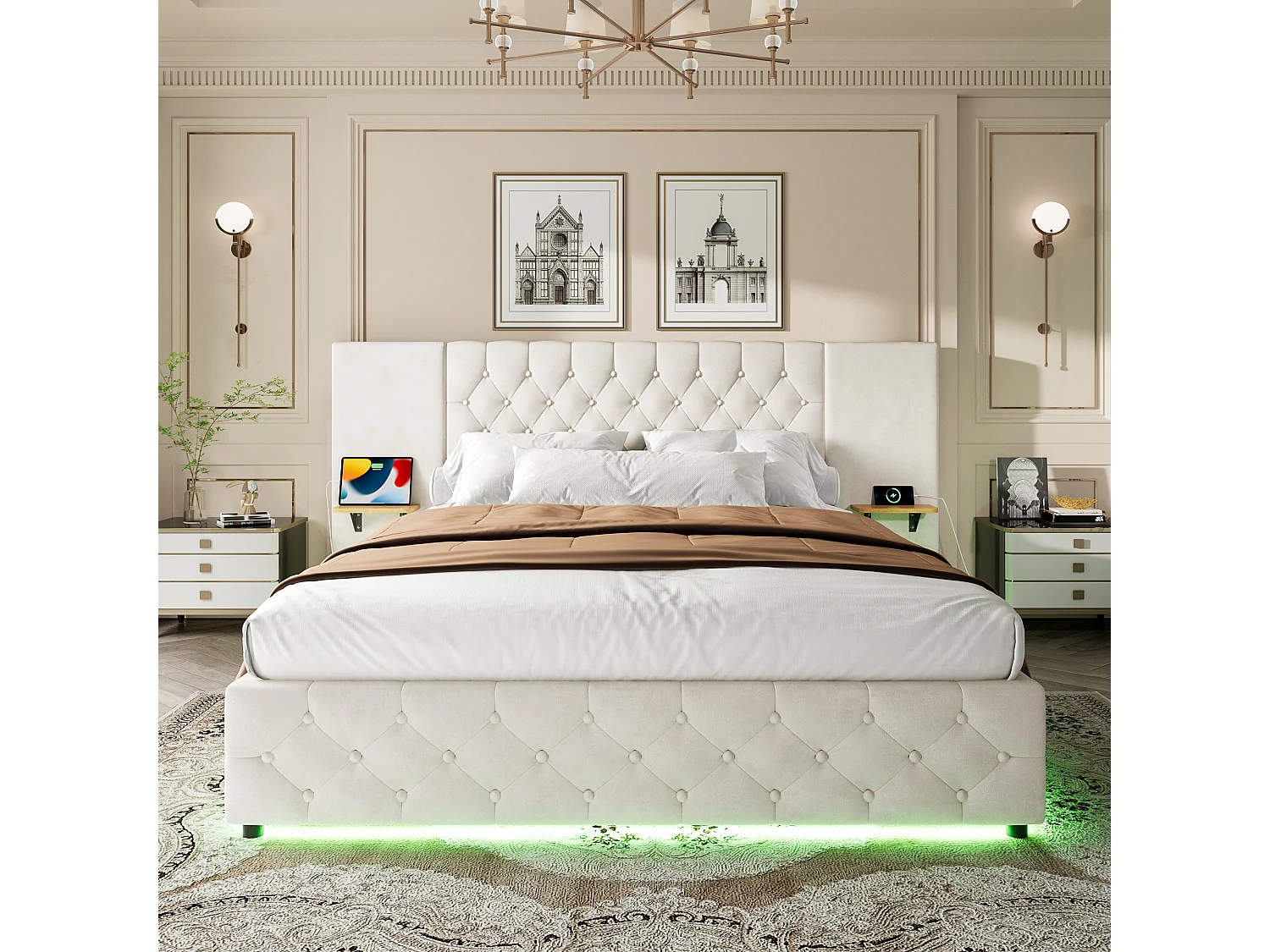 Letto contenitore per adulti 160x200 cm con ampia testiera, illuminazione a LED e porta USB - Letto matrimoniale in velluto beige