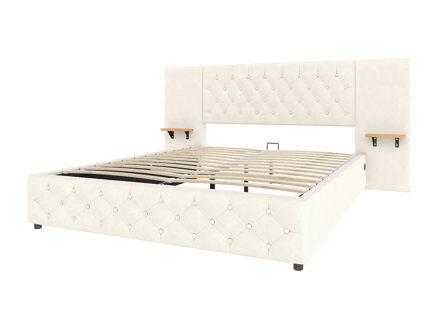 Letto contenitore per adulti 160x200 cm con ampia testiera, illuminazione a LED e porta USB - Letto matrimoniale in velluto beige