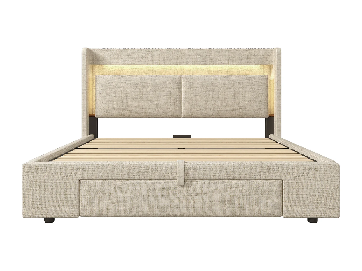 Cama doble de 160x200 cm con canapé en lino beige - Cama para adultos con iluminación LED, puertos USB y cabecero con canapé