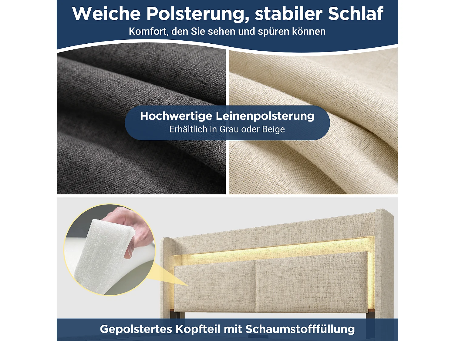 Cama doble de 160x200 cm con canapé en lino beige - Cama para adultos con iluminación LED, puertos USB y cabecero con canapé