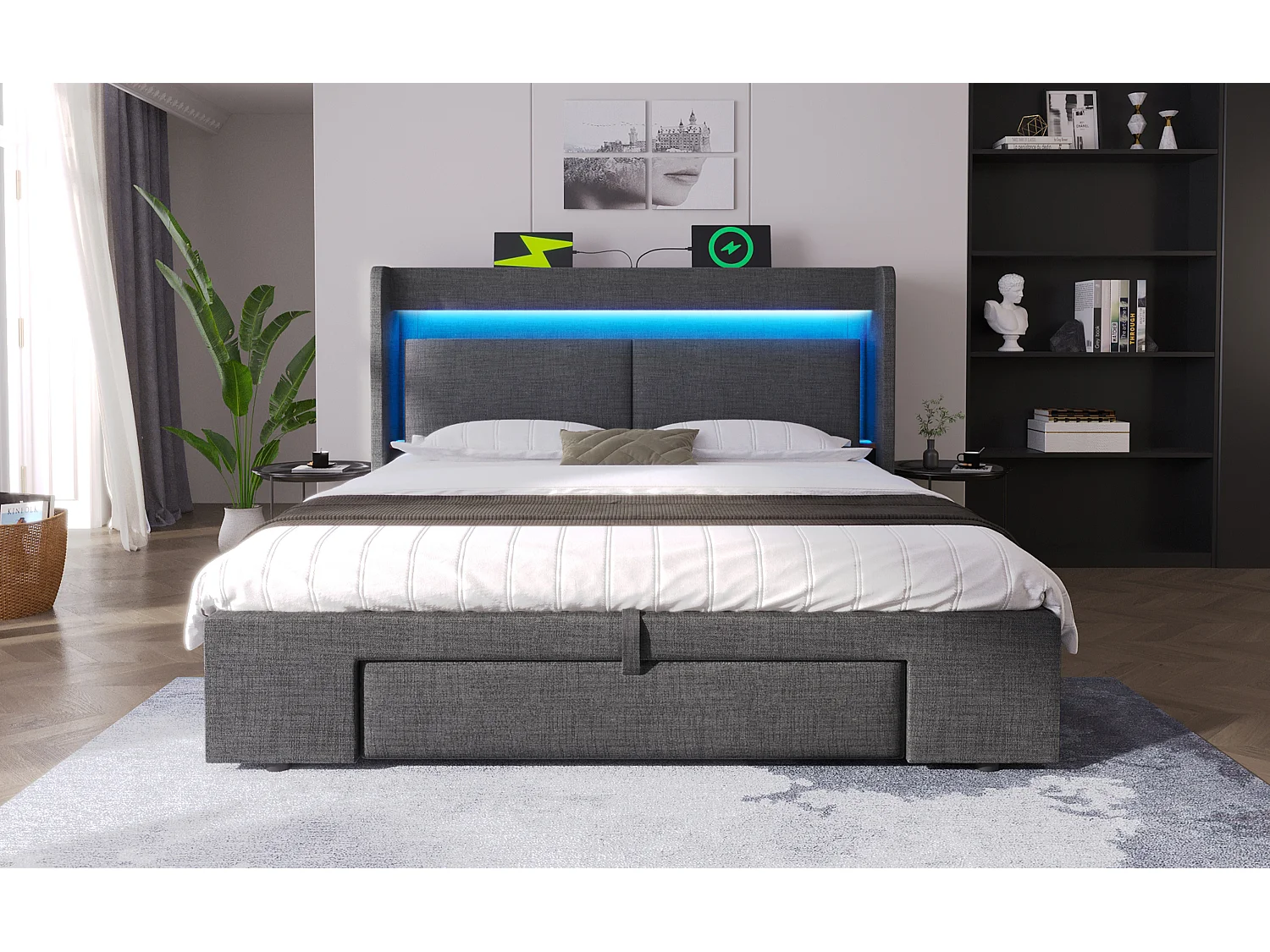 Letto contenitore per adulti 140x200 cm con LED, porte USB e cassetto - Tessuto di lino grigio