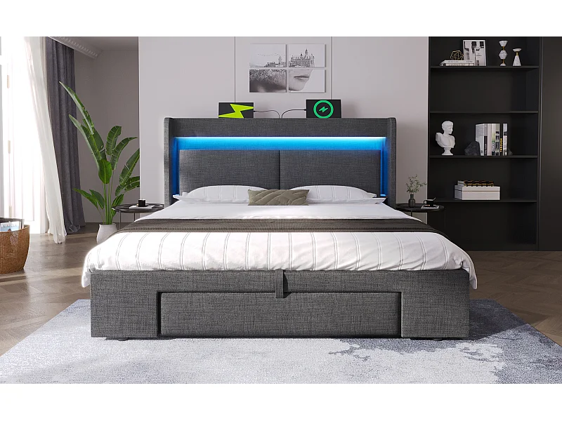 Letto contenitore per adulti 140x200 cm con LED, porte USB e cassetto - Tessuto di lino grigio